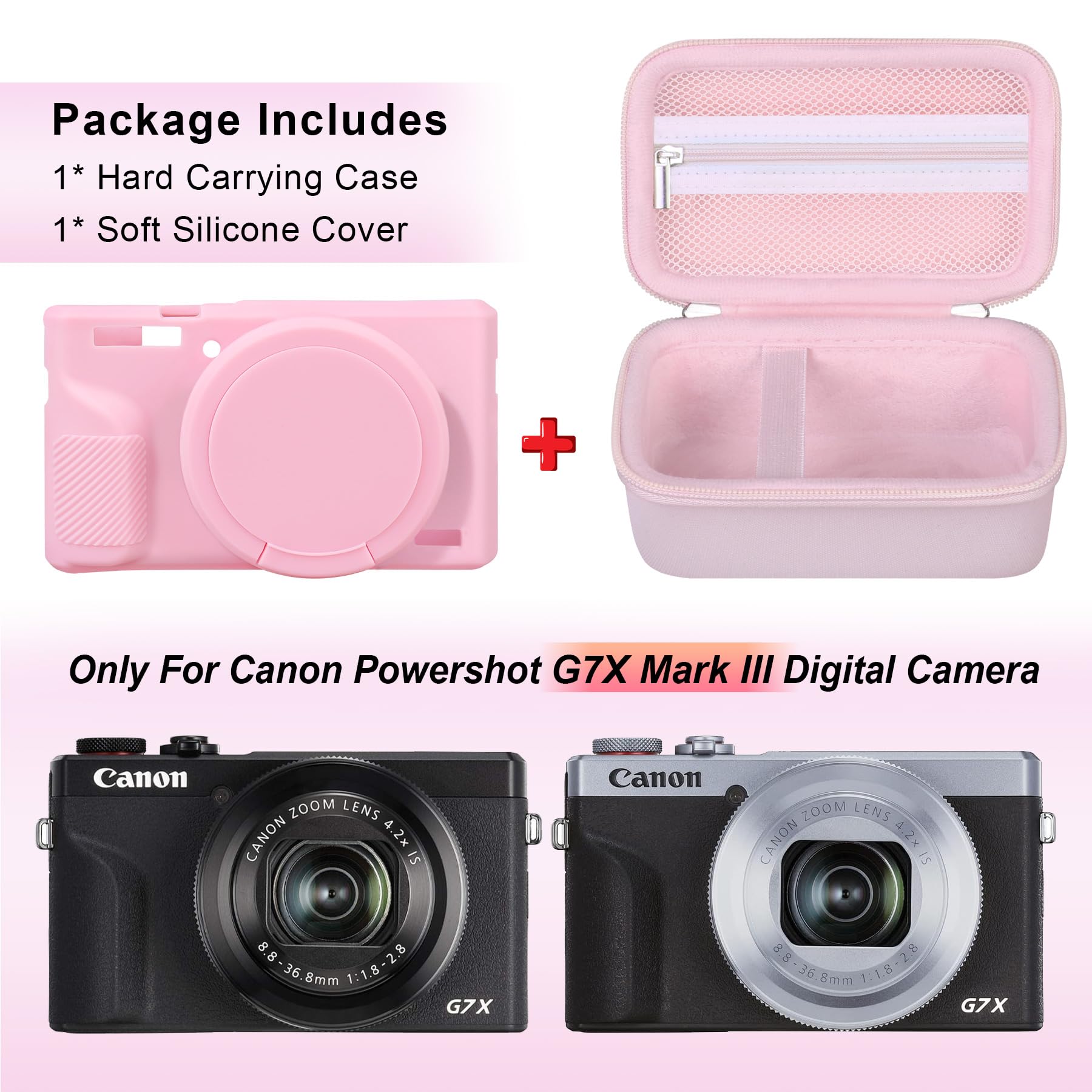 Estuche Canboc para cámara Digital Canon PowerShot G7X Mark III, Estuche de Transporte Duro + Cubierta de Silicona Suave con Cubierta de Lente extraíble, Rosa gelatina