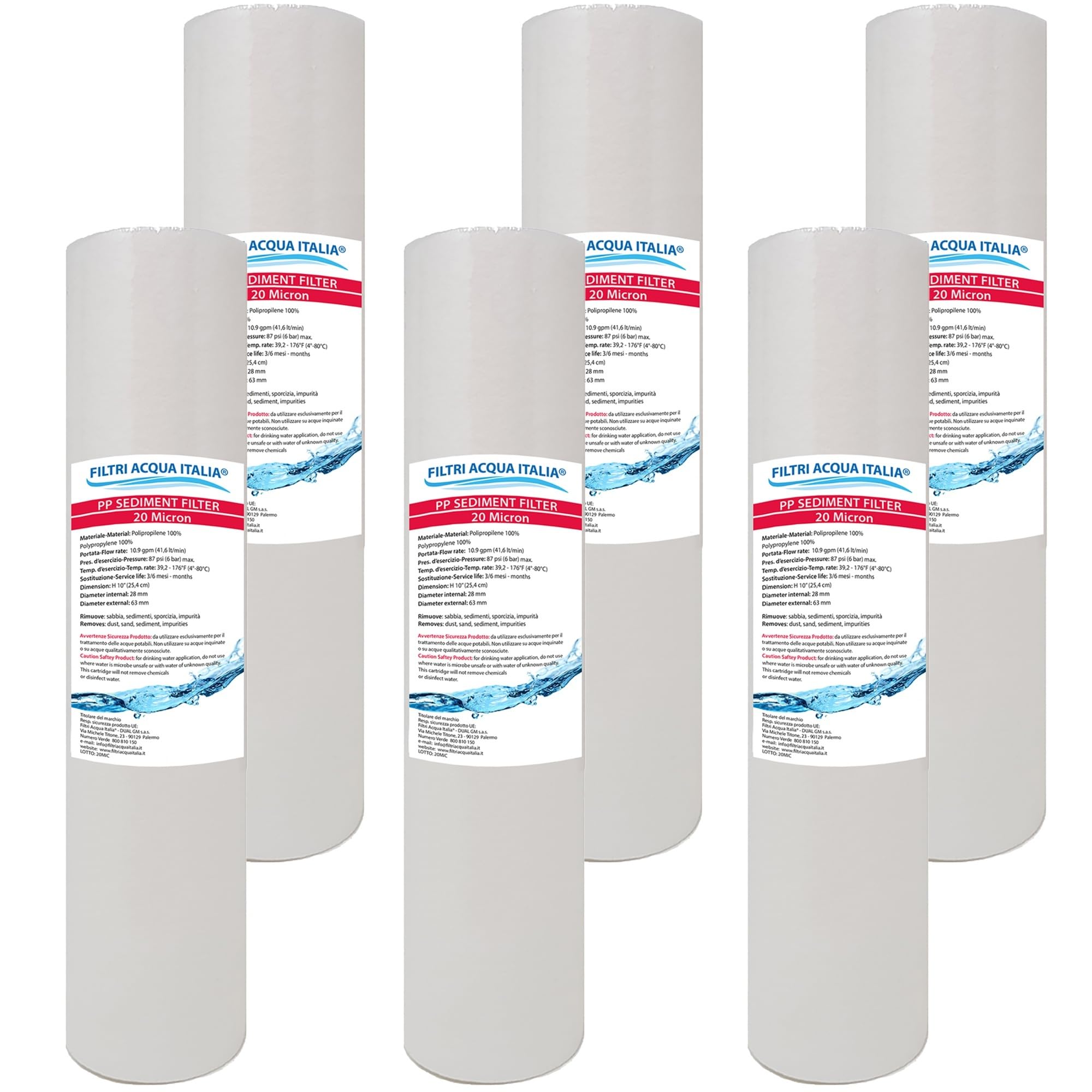 FILTRIACQUAITALIA Cartuccia Filtro A SEDIMENTI 10 Pollici Micron 20 per OSMOSI INVERSA DEPURATORE Acqua Set 6 Pezzi