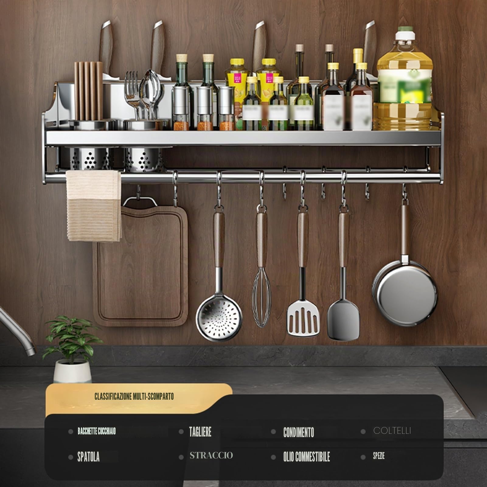 Generico Portacoltelli e portaspezie - Portautensili da Parete in Acciaio Inox 304 con ripiano per spezie per Una Facile organizzazione della Cucina