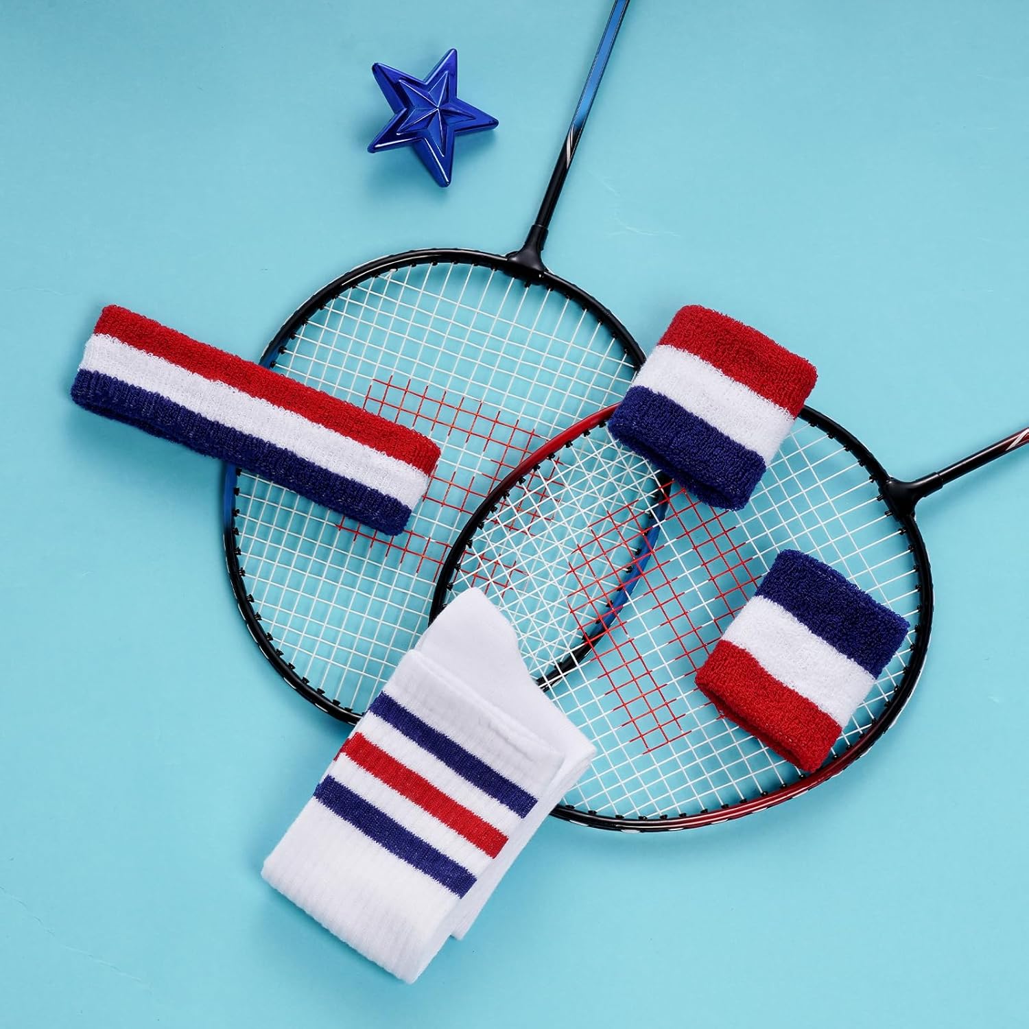 Sucrain 5 Pieces Striped Sweatbands and Socks Set, Sports Sweatbands Wrist Sweat Bands Red, White& Blue High Tube Socks 80s Accessories Costumes for Men Women - Image 4