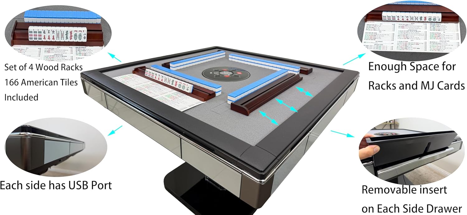 USA MJ Table Skyline Elite 30 Premium Automatic Mahjong Table American Mah Jong Edition 30mm Tiles, Black Glass Cover, Light Blue Glass Frame, Folding Design with Wooden Racks & Pushers