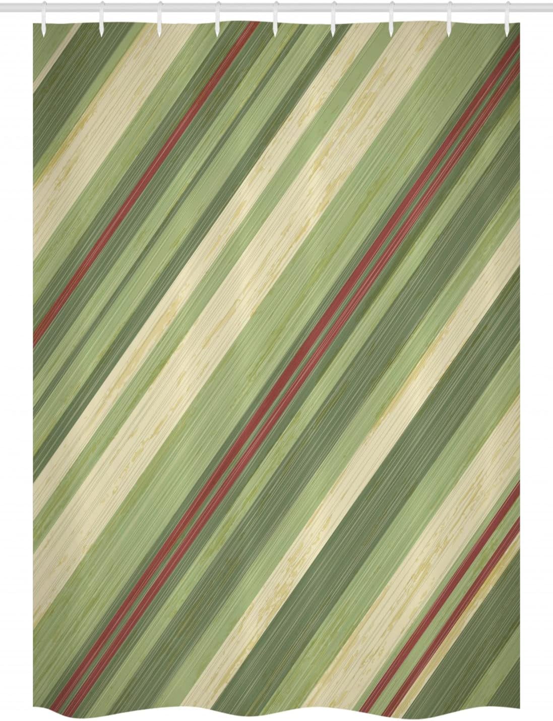 Ambesonne Vintage Stall Shower Curtain, Red Green Diagonal Stripes on Old Aged Design Grungy Background Abstract Print, Fabric Bathroom Decor Set with Hooks, 54" W x 78" L, Green Cream