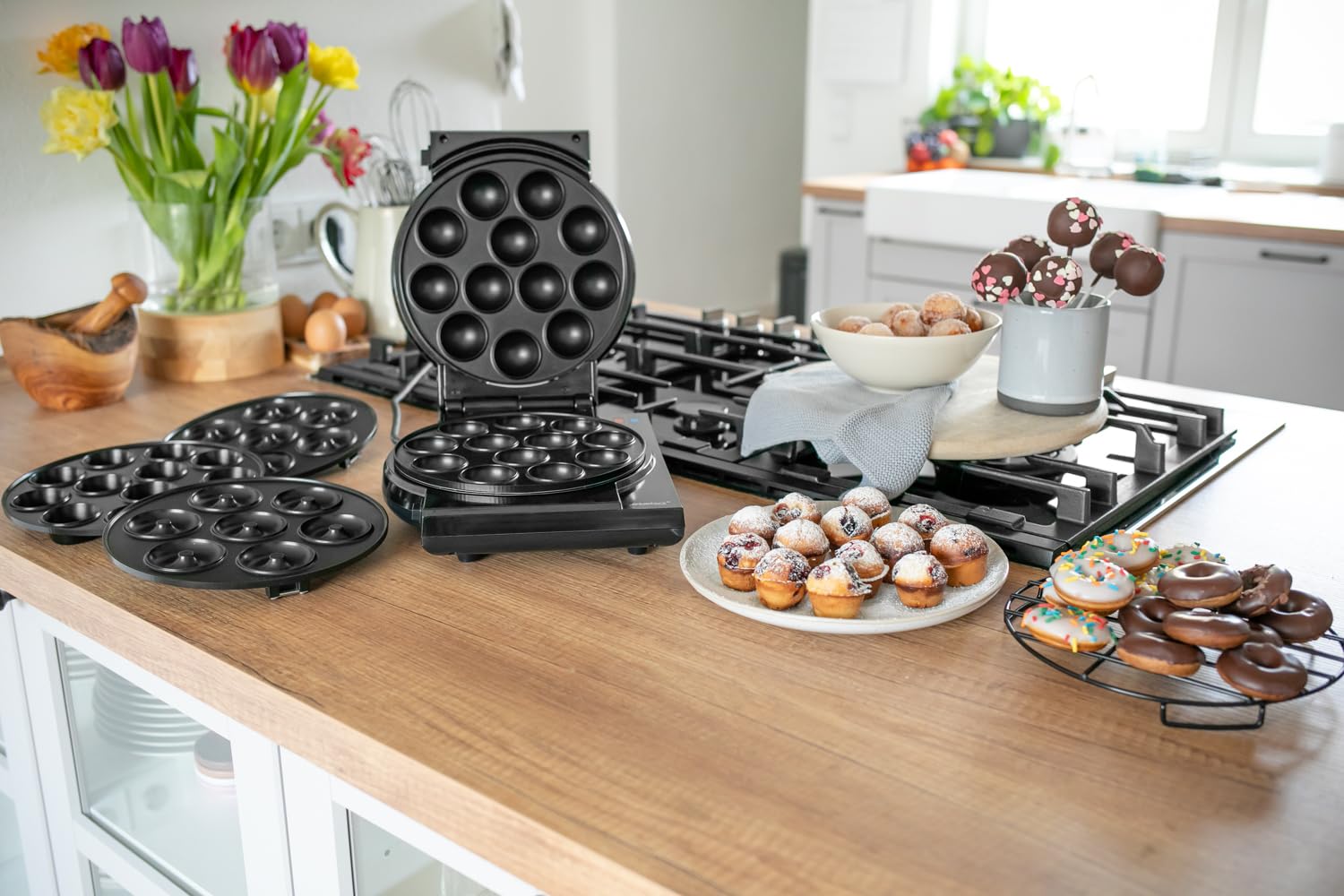 Steba Elektrogeräte Cake Maker 3 in 1, 3 antihaftbeschichtete Platten für Cake-Pops, Muffins und Donuts, Platten sind auf Knopfdruck leicht herausnehmbar, inkl. Cake Pop Halterung und Sticks, 800 Watt