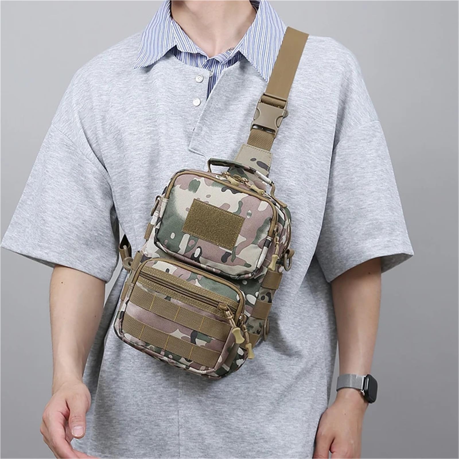 Borsa a tracolla da uomo, borsa da trekking mimetica, tasche multiple, borsa a tracolla laterale posteriore, zaino
