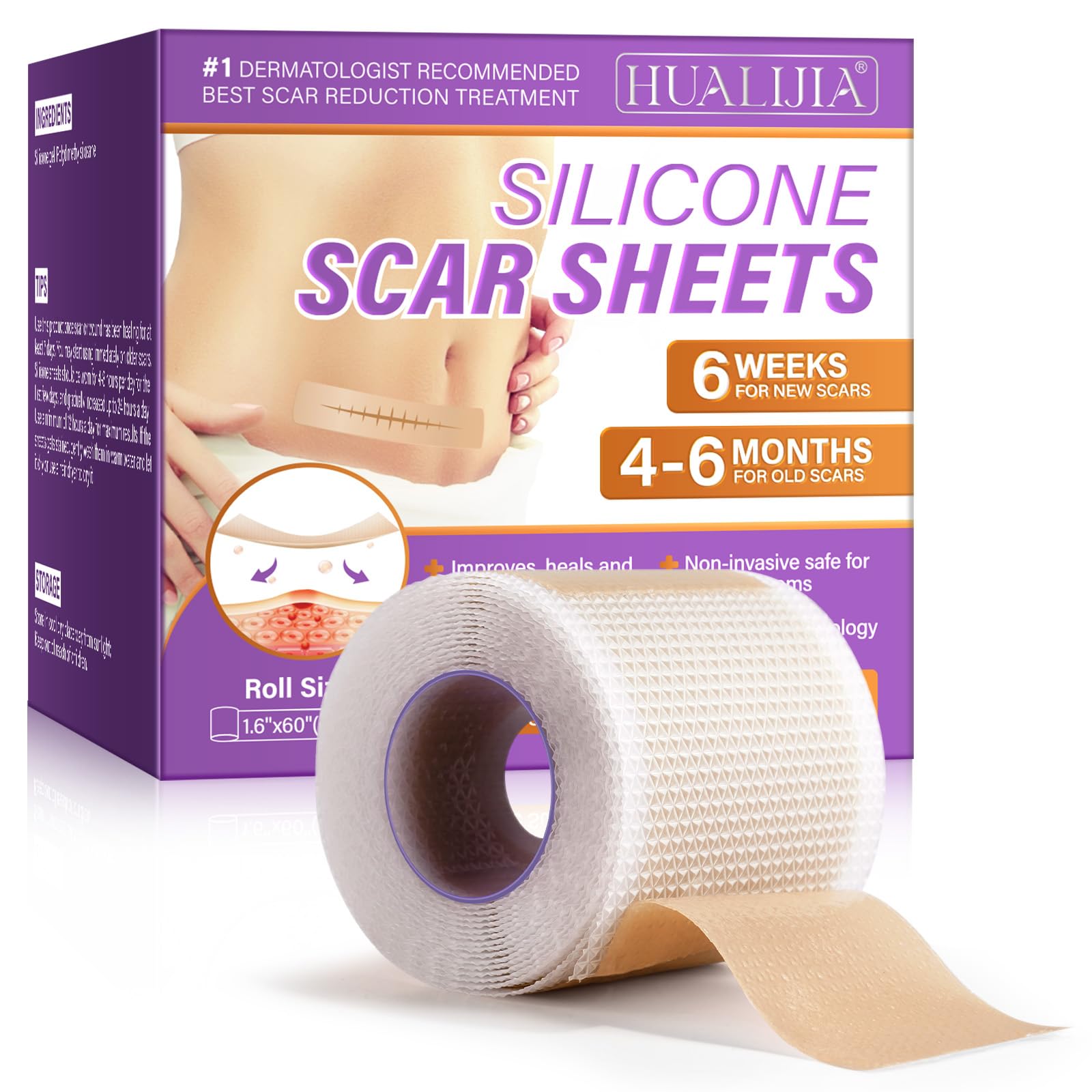 Silicone Scar Tape, Silicone Scar Sheets(1.6" x 60" Roll-1.5M), Medical Grade Scar Tape, Reusable Silicone Tape for Surgical Scar, C-Section, Keloid
