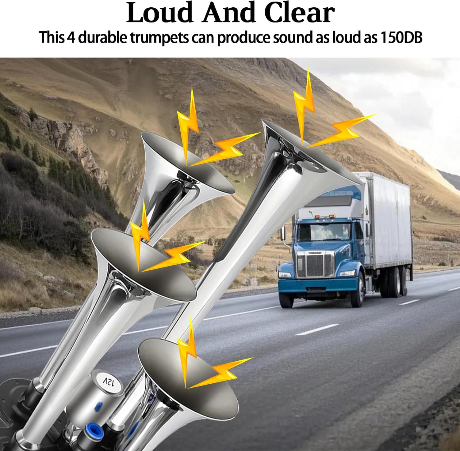 150db Train horn kit with 120 PSI Air Tank,Four Trumpet Air horns For Truck, Jeep,Pickup,SUV with 1.6 gallon Air Compressor Can