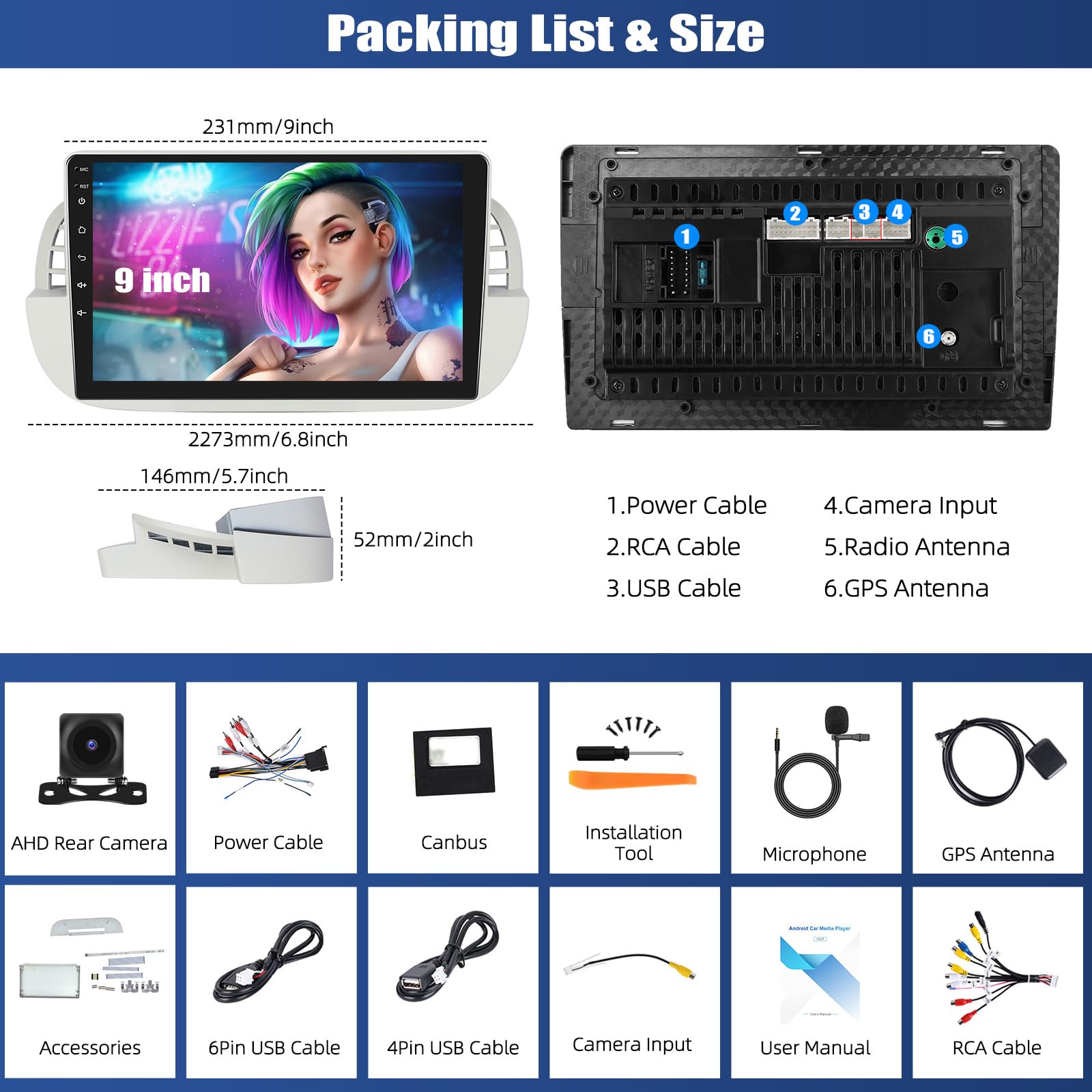 SIXWIN 4+64G Android 15 Autoradio per FIAT 500 2007-2015 con CarPlay/Android Auto/Mirror Link,9 Pollici HD TouchScreen Schermo con Navigatore WiFi Bluetooth 5.0 FM/RDS 32EQ+AHD Retrocamera