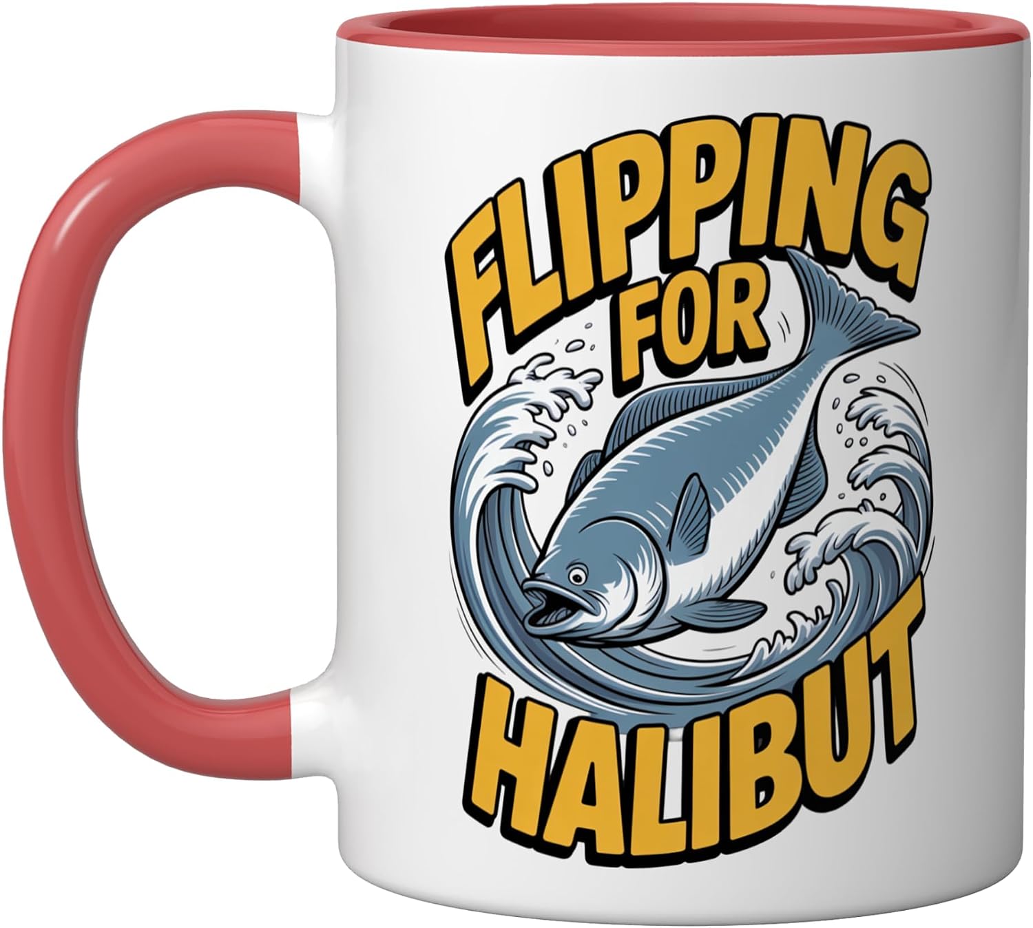 Flipping For Halibut Sport Fishing Flatfish Art Ceramic Mug, White, 15oz image 5