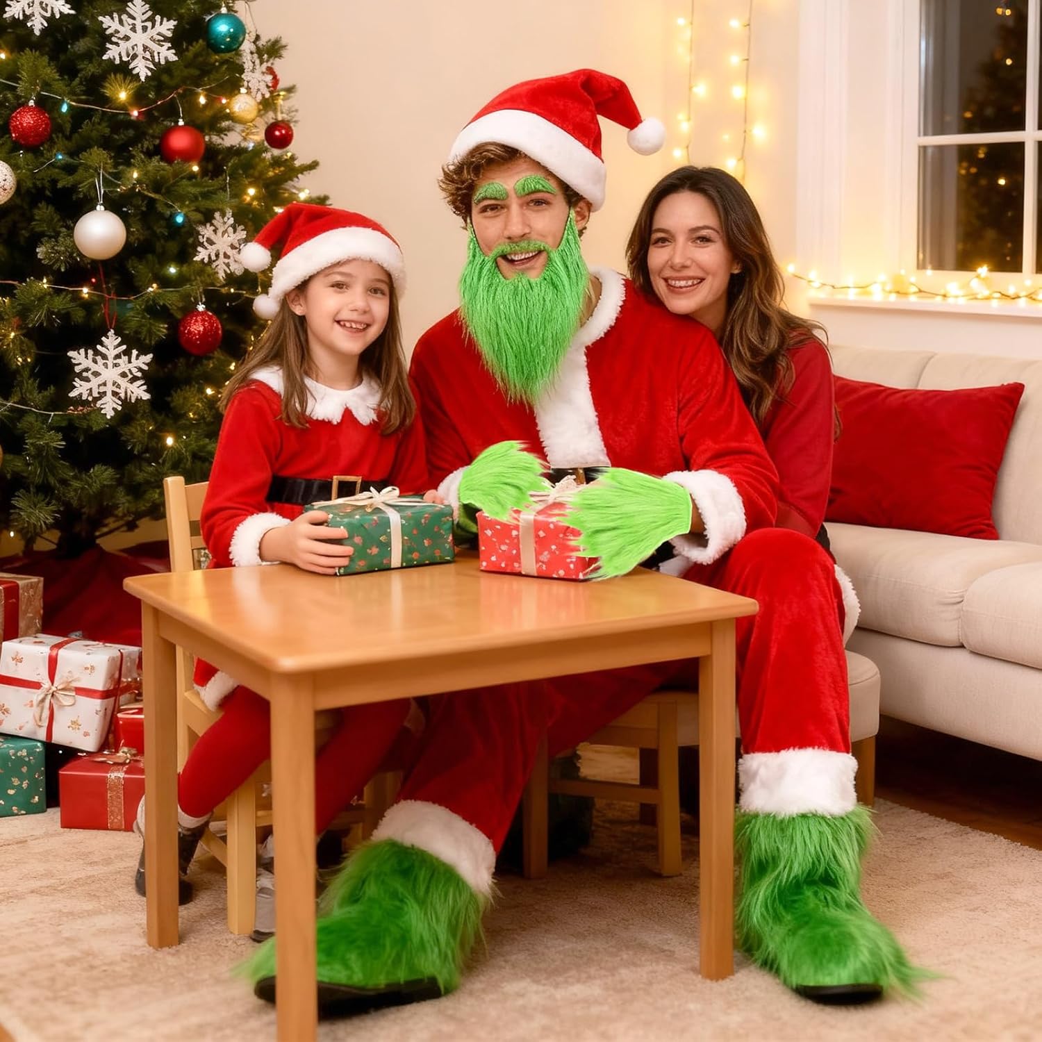 Men Green Monster Beard Santa Adult Christmas Cosplay Costume Accessories Beard Santa Hat Holiday Party Prop - Image 5
