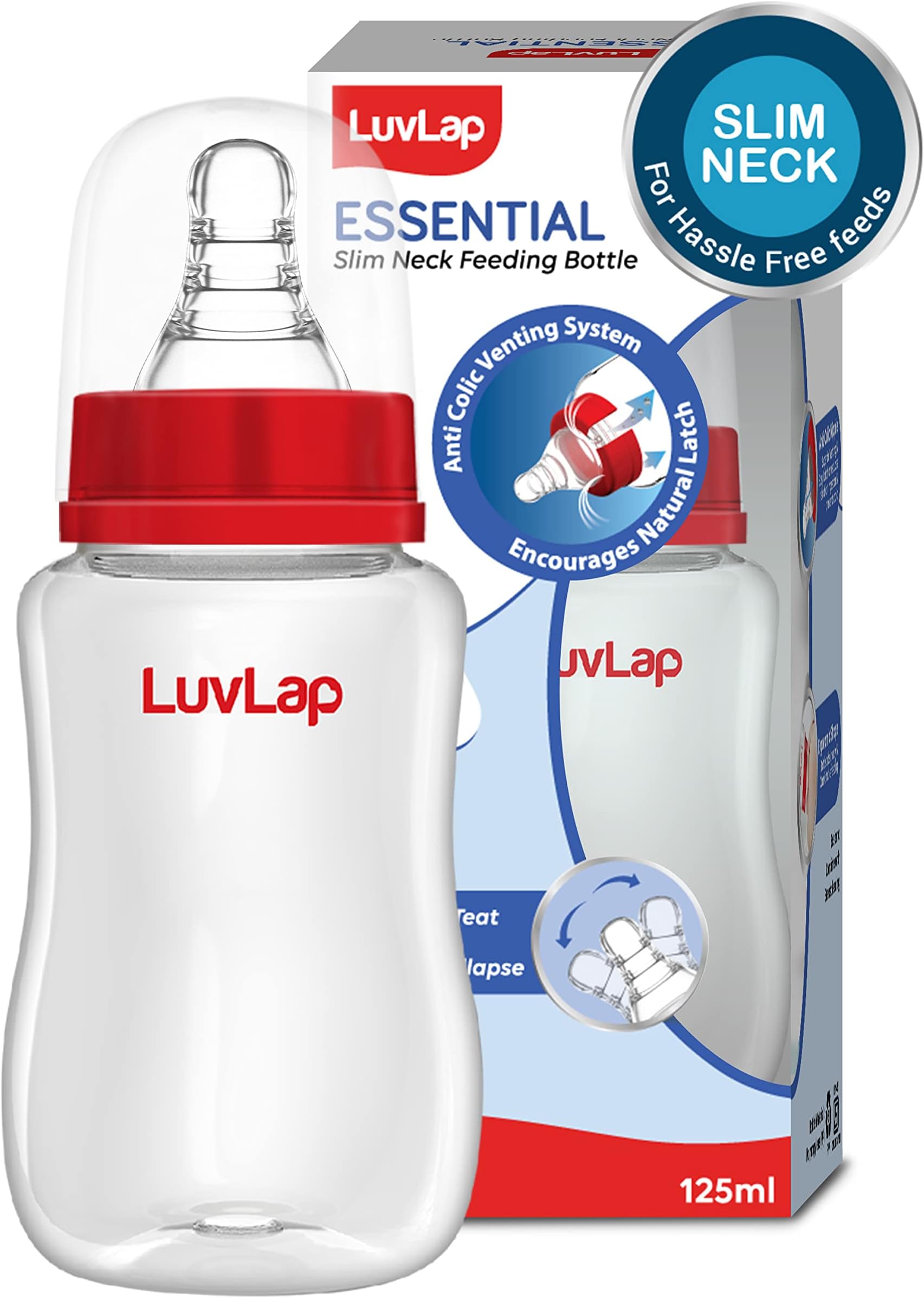 Luv Lap Slim Neck Essential Baby Feeding Bottle, 125ml