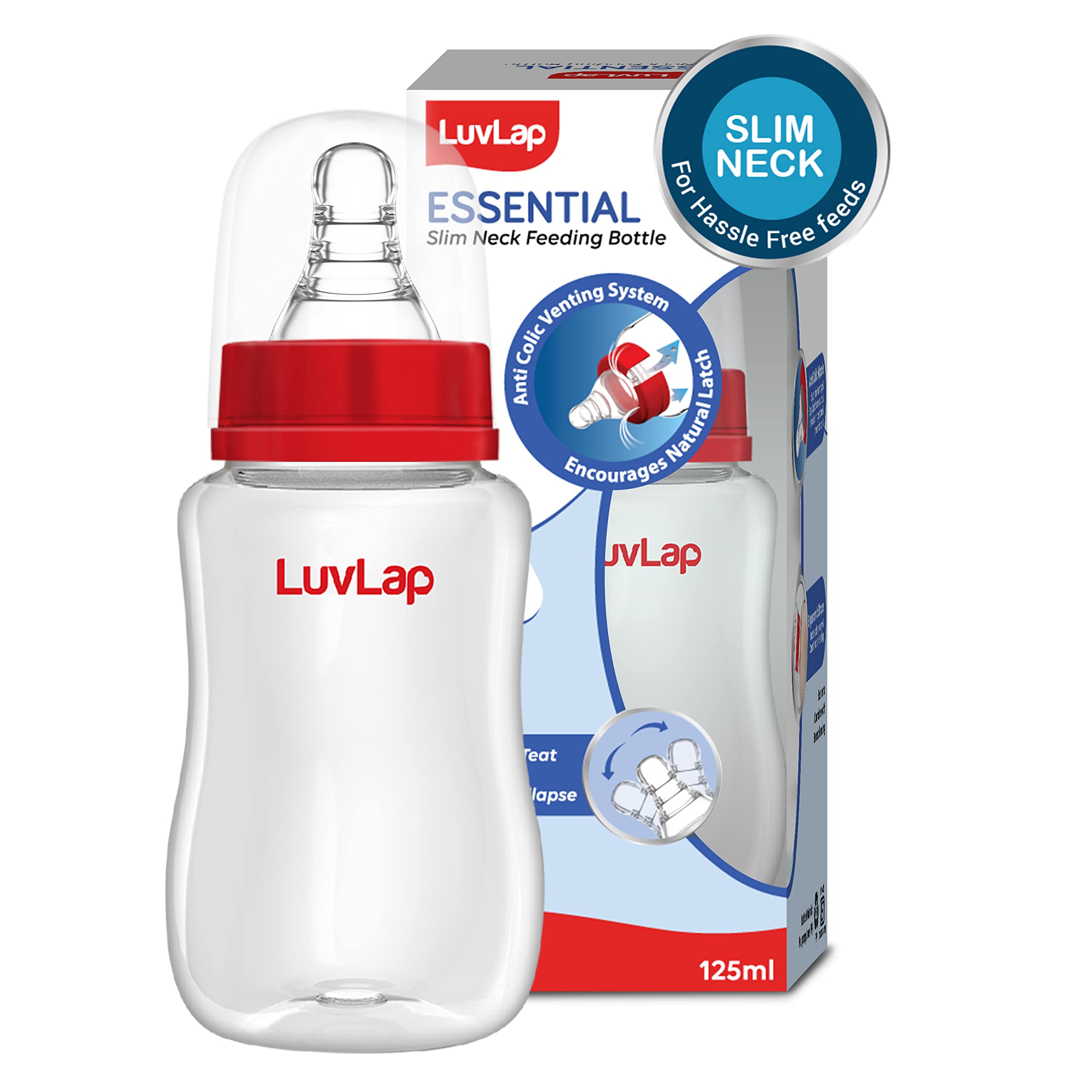 LuvLap Anti-Colic Slim/Regular Neck Essential Baby Plastic Feeding Bottle, 125Ml, New Born/Infants/Toddler upupto 3 Years, BPA Free, White Colour