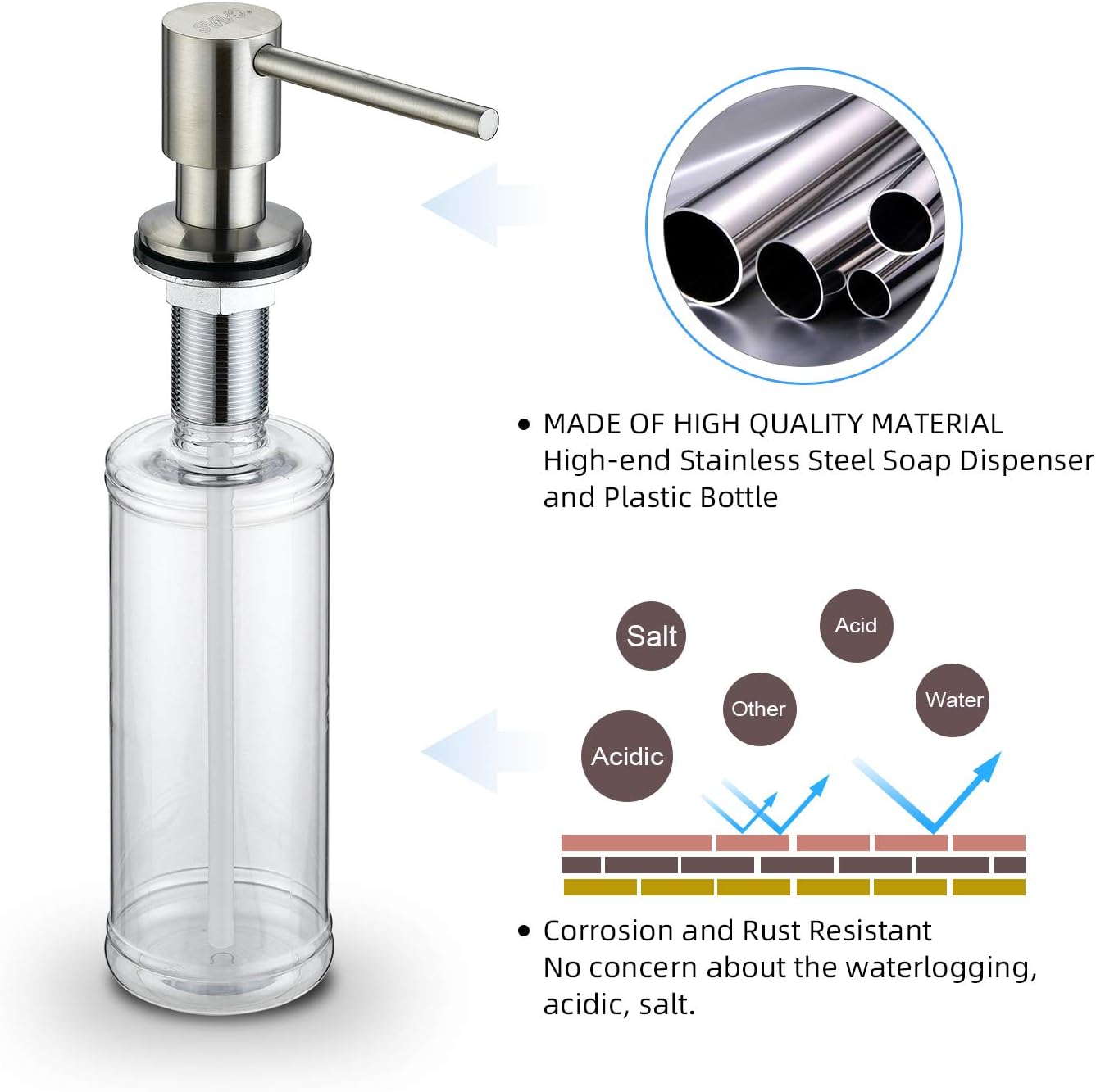 SVAVO Soap Dispenser for Kitchen Sink, Stainless Steel Sink Soap Dispenser Pump, Refill from The Top, Kitchen Soap Dispenser with Liquid Soap Bottle, for Sink Countertop Install, Brushed Nickel