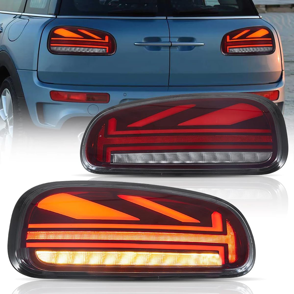 VLAND LED Tail Lights Compatible with BMW Mini Clubman F54 LCL F54 F54N 2015-2023 2nd Gen, Union Jack Rear Lamp Assembly w/Animation DRL w/Switchback Turn Signal, L+R Sides Pairs (Smoke Lens)