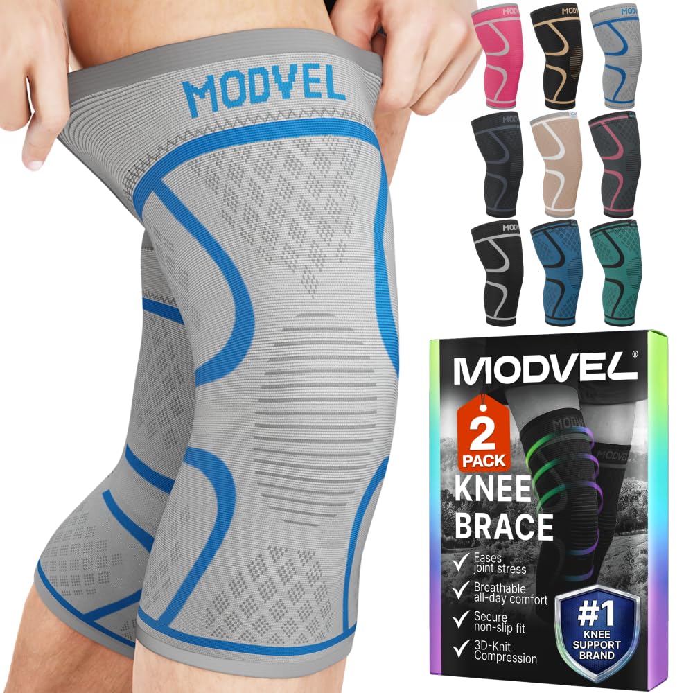 Modvel 2 Pack Knee Brace for Women & Men - Knee Support for Walking, Knee Compression Sleeves for Pain Relief, Knee Sleeves for Women, Knee Sleeves for Men, Knee Brace for Sports, Workouts & Arthritis