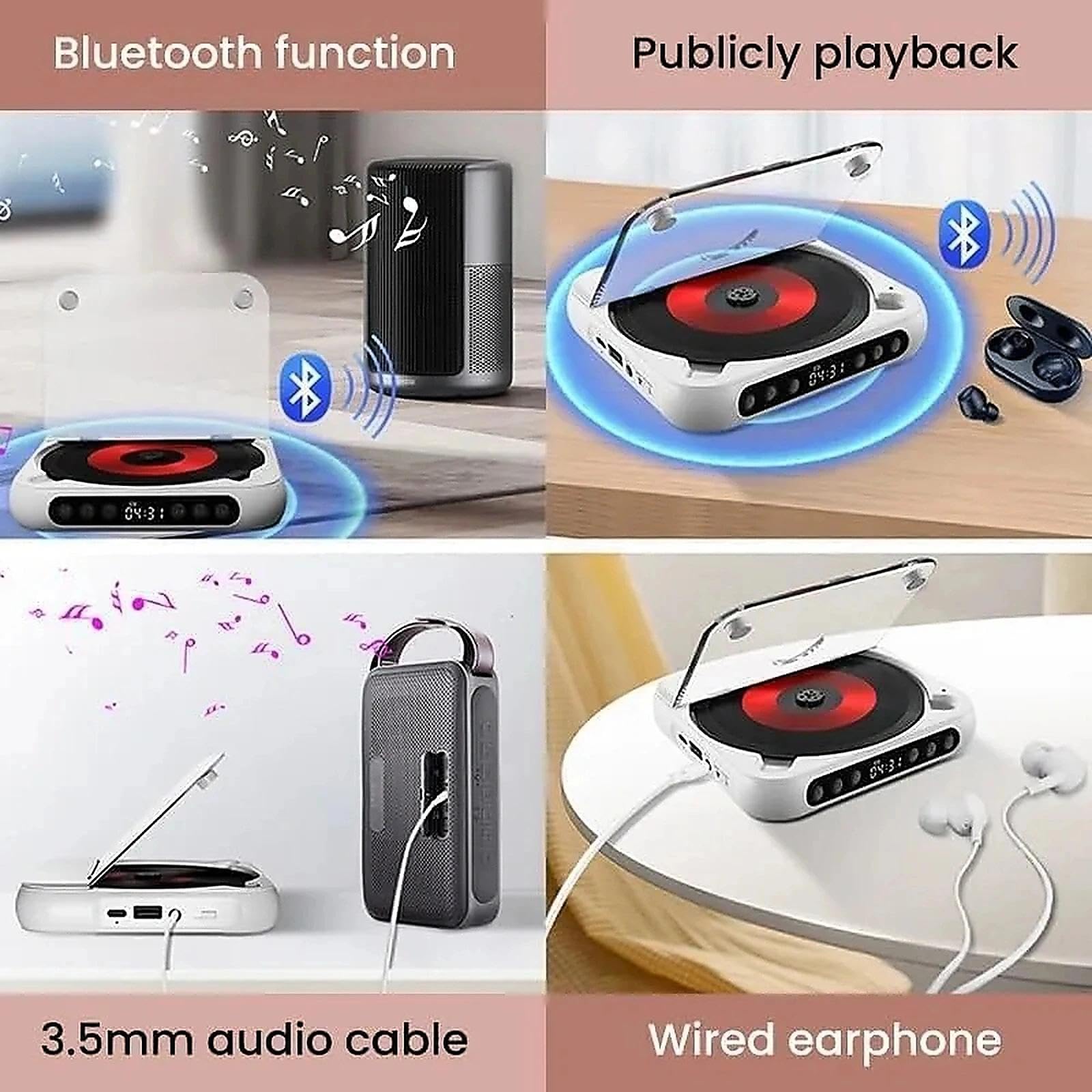 Lettore CD portatile con Bluetooth 5.3, mini lettore CD ricaricabile con altoparlanti HiFi, supporto USB e AUX, compatto per casa, viaggi e ufficio