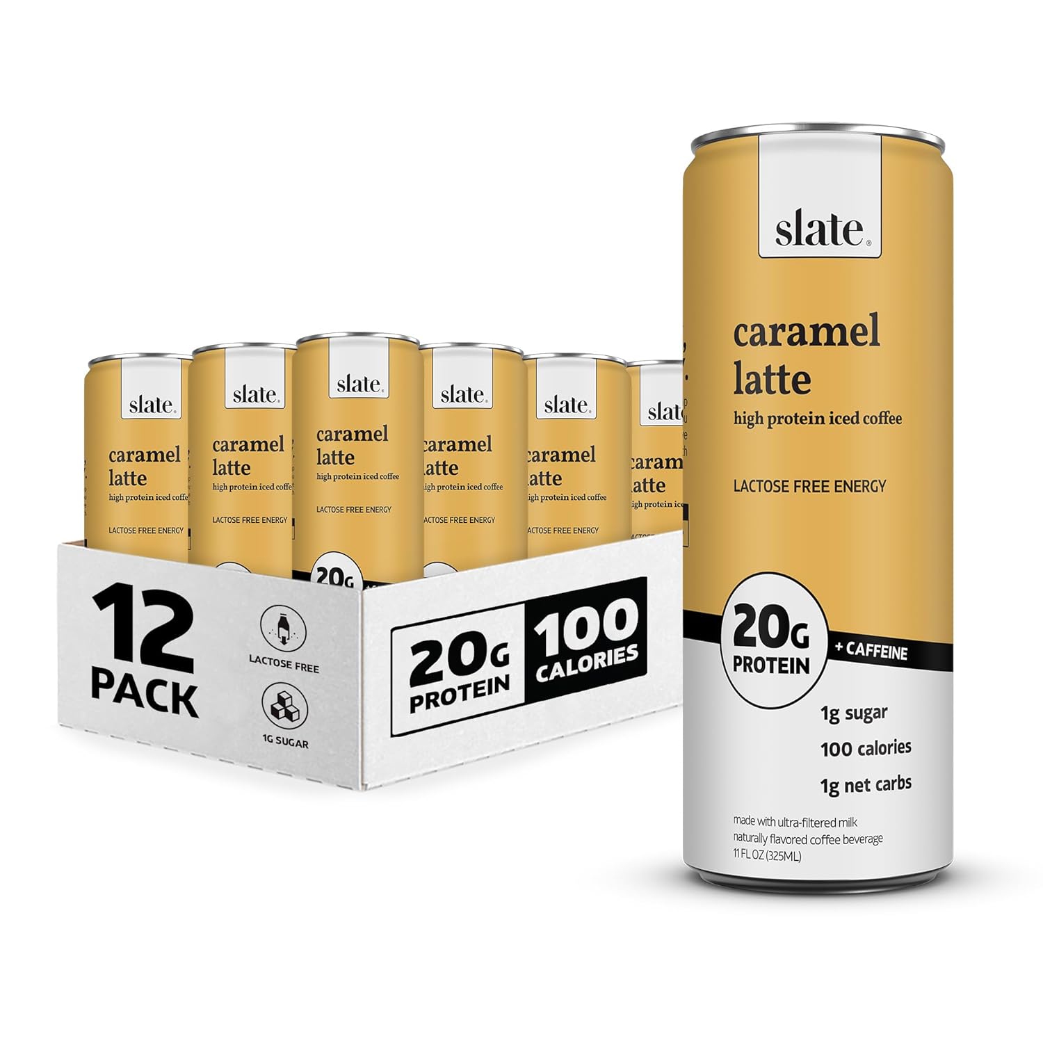 Slate Milk - High Protein Iced Coffee - Caramel Latte - 175mg Caffeine, Lactose Free Energy - 20g Protein, 1g Sugar, 100 Calories, 1g Net Carbs, No Sugar Added - Protein Coffee - 11 fl oz, 12 Cans (Caramel) Thumbnail