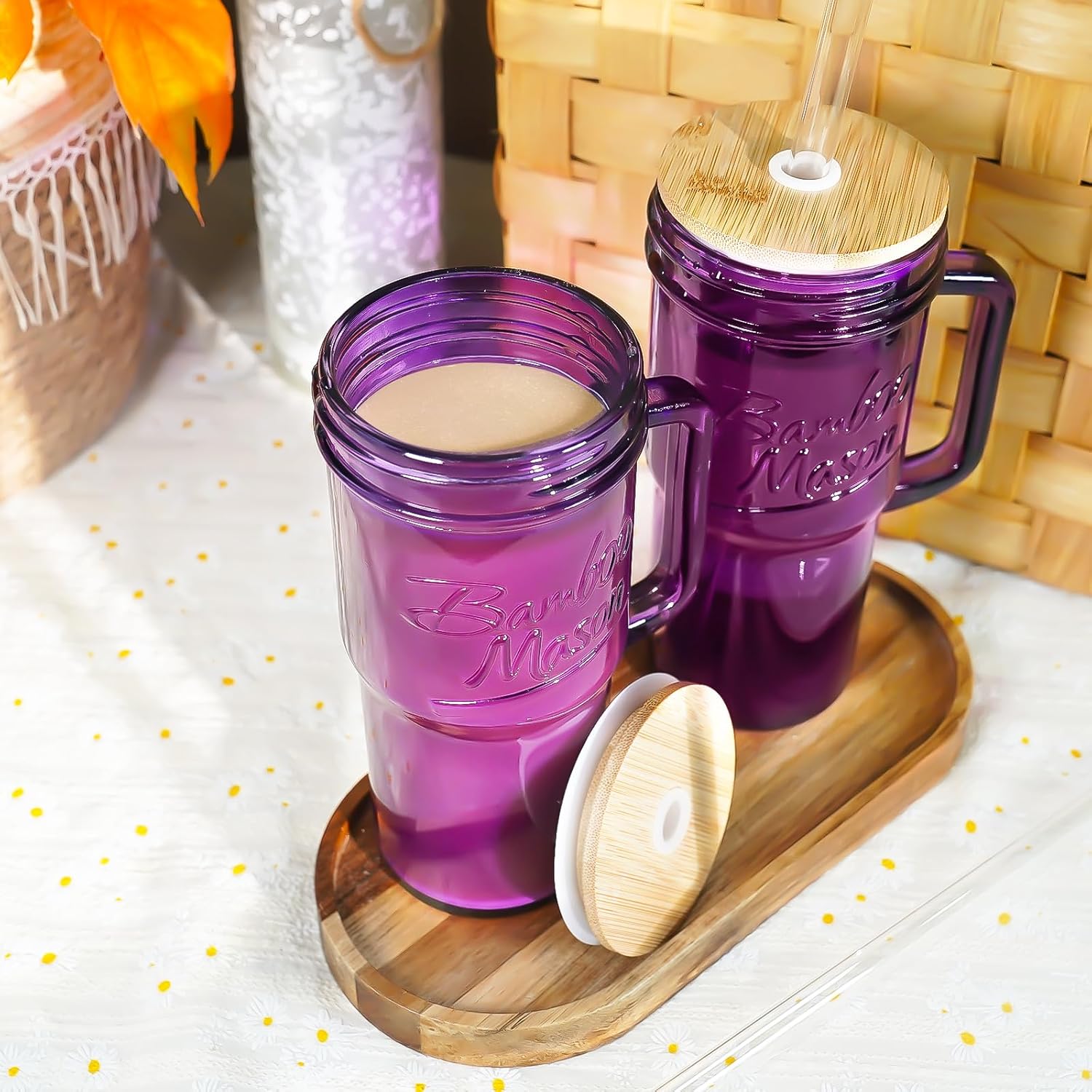 ANOTION Glass Cups with Handle, 24oz Glass Cups with Lids and Straws Travel Coffee Mug Bamboo Mason Jar Iced Cup Smoothie Tea Clear Cute Water Drinking Jars Glasses, Purple - Image 4