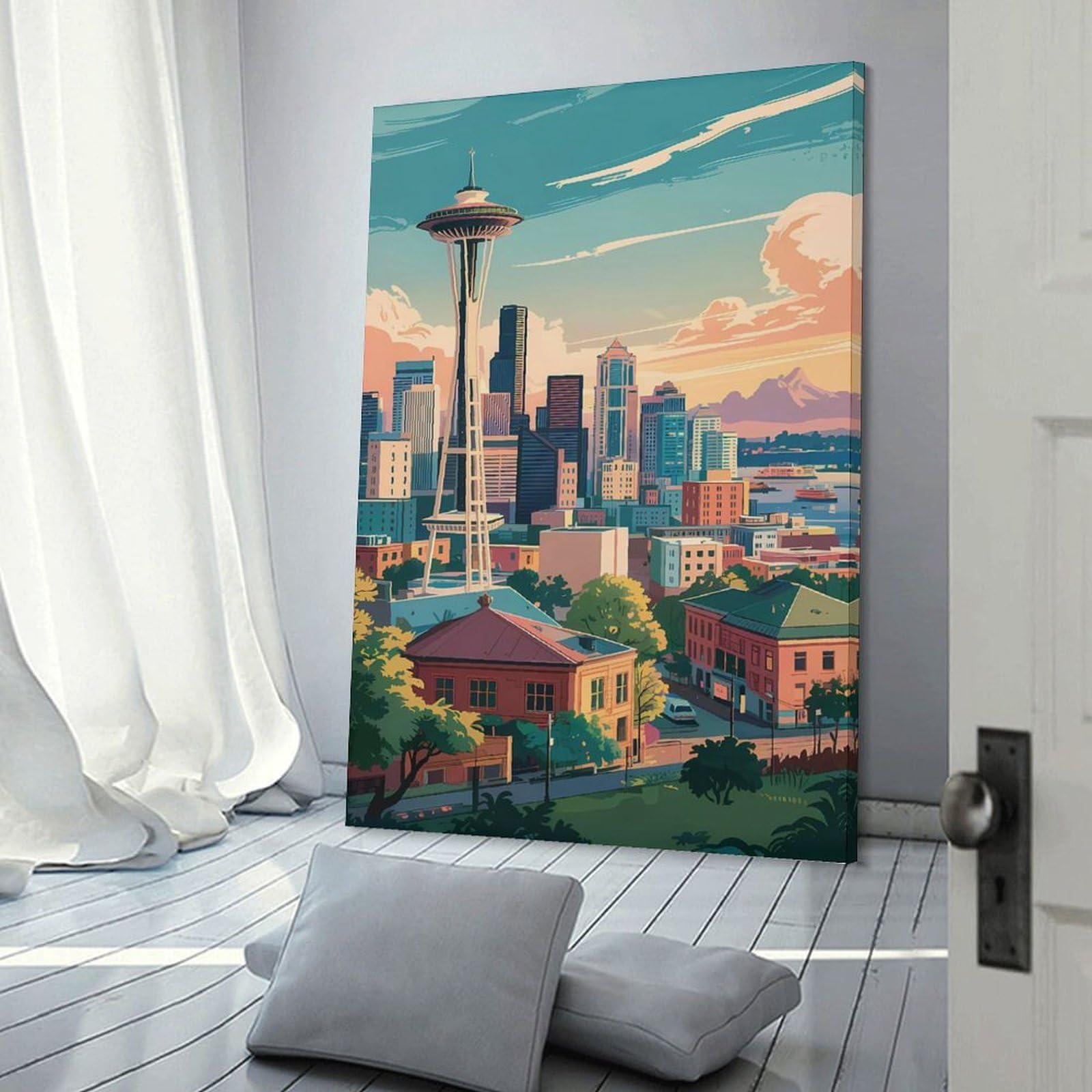 Junmoney Seattle Skyline with Space Needle Hanging Wall Art 20x30inch(50x75cm), for Small Homes, Bedrooms Or Open Spaces, An Easy Choice for New Home Styling