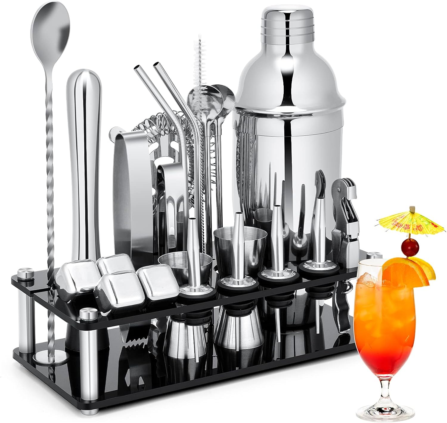 Cocktail Shaker Set, 23-Piece Stainless Steel Bartender Kit with Acrylic Stand & Cocktail Recipes Booklet, Professional Bar Tools for Drink Mixing, Home, Bar, Party (Include 4 Whiskey Stones) - Thumbnail 3