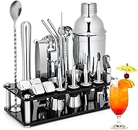 KINGROW 23-Piece Cocktail Shaker Set - Stainless Steel Bartender Kit with Acrylic Stand, Recipes Booklet & 4 Whiskey Stones for Home Bar Parties
