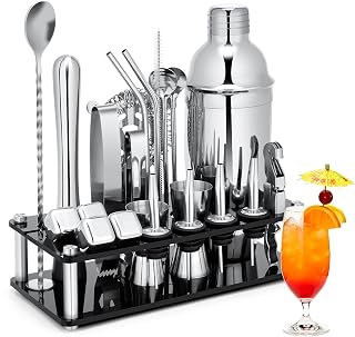 KINGROW 23-Piece Cocktail Shaker Set - Stainless Steel Bartender Kit with Acrylic Stand, Recipes Booklet & 4 Whiskey Stones for Home Bar Parties