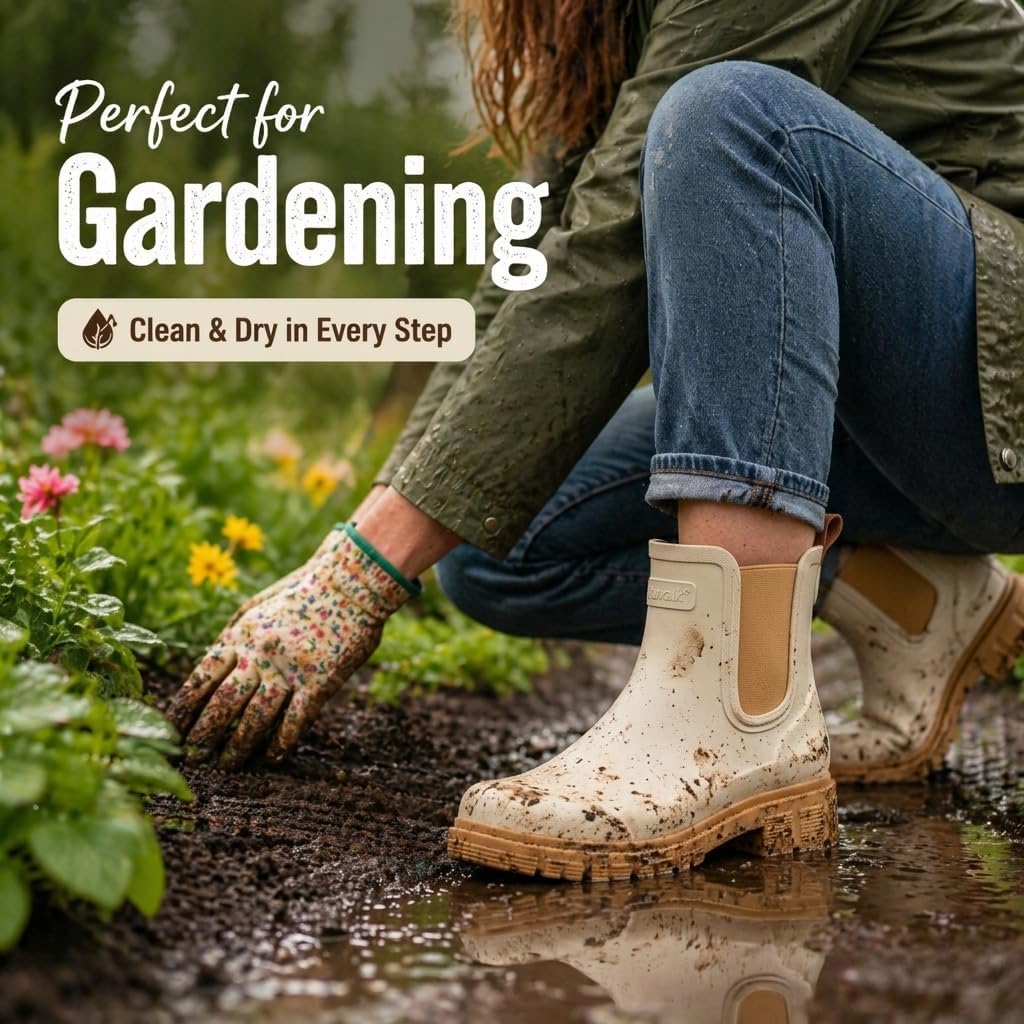 Women's Short Rain Boots Waterproof Chelsea Ankle Boots for Women, Lightweight Non Slip Rubber Garden Shoes with Soft Comfort Insole, Fashion Outdoor Work Booties