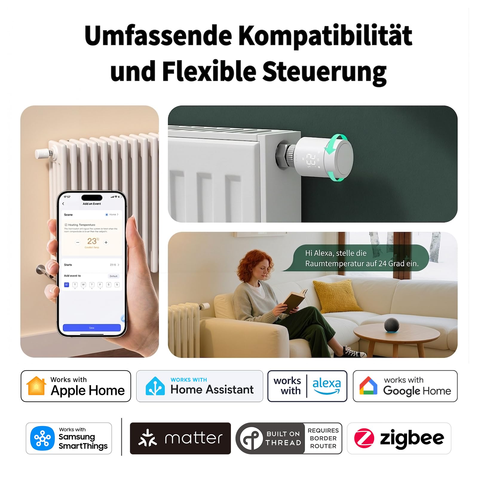 Aqara Smartes Heizkörperthermostat W600, Matter, Thread/Zigbee Thermostat, Energiesparen, Sprachsteuerung,Geofencing, Kompatibel mit Apple Homekit, Home Assistant, Alexa und Google
