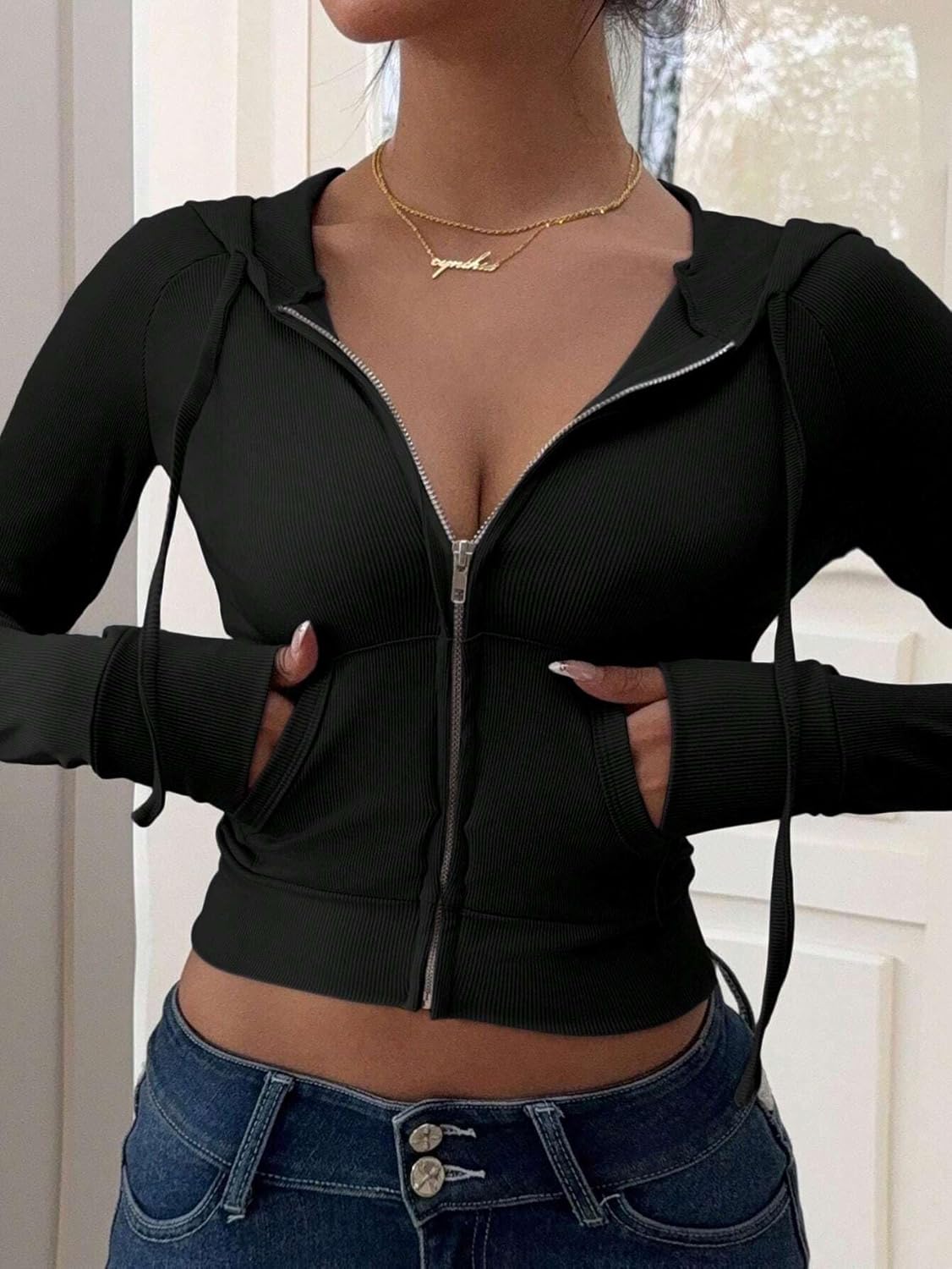 Women's Y2k Hoodie Crop Zip Up Ribber Knit Fall Jacket Tops Slim Fit Long Sleeves Sweatshirt with Pockets - Image 3