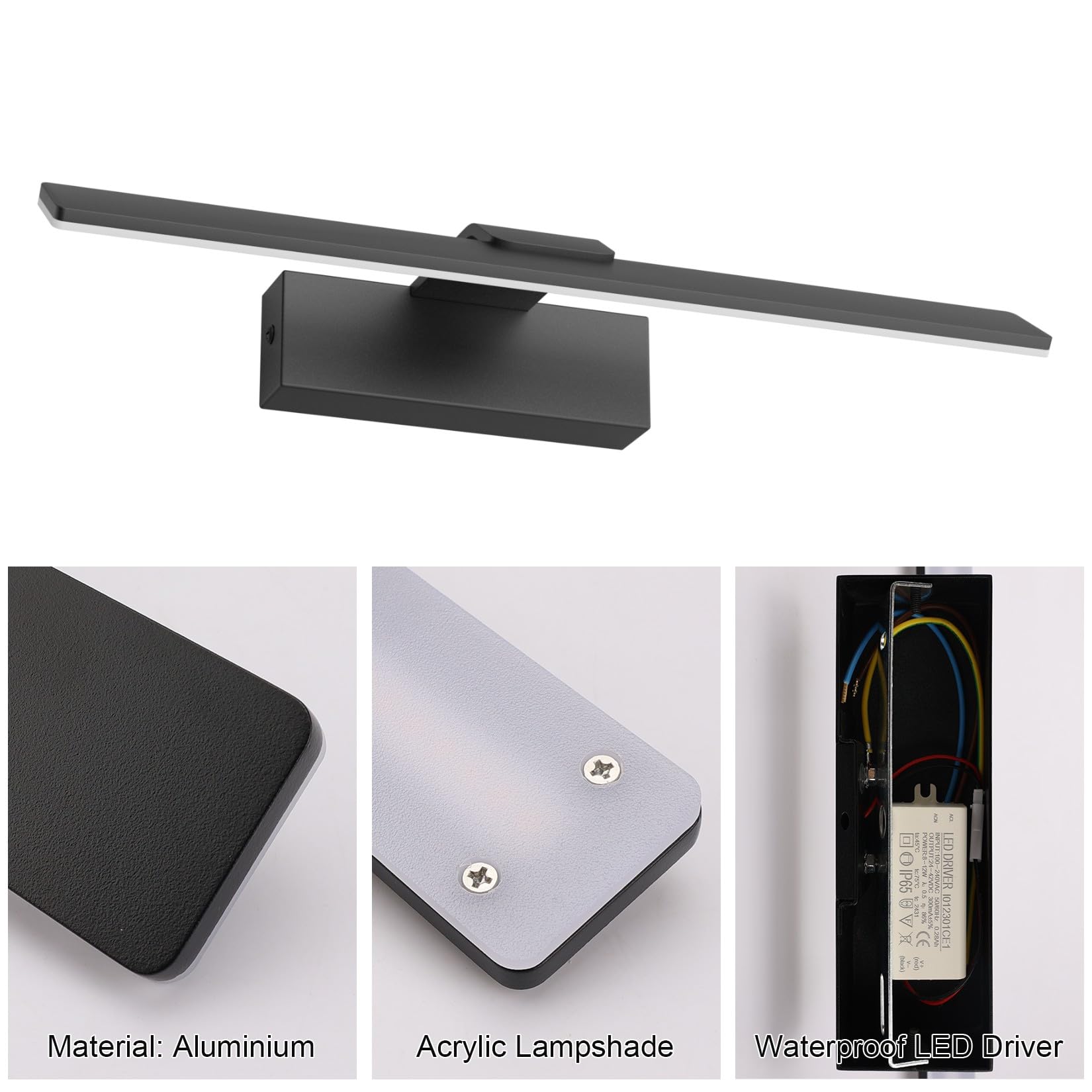 Klighten Spiegelleuchte Bad LED 40cm 12W, Spiegellampe Bad IP44, Badezimmer Lampe Wand Aluminium Badleuchte Badlampe Wand, 60 LEDs, 1100 Lumen, Warmweiß 3000K, Schwarz
