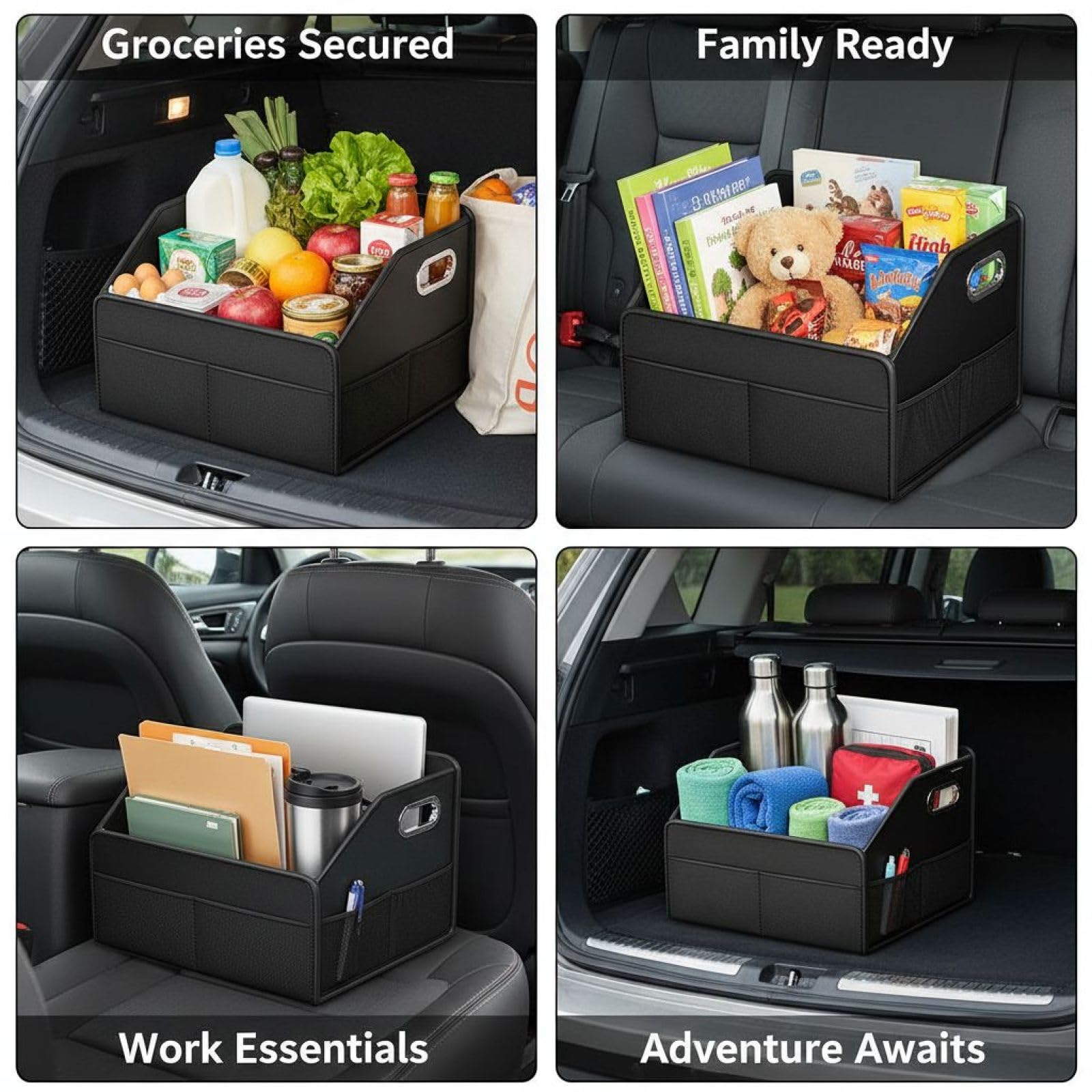 Organizer per auto, in pelle PU nera con design diviso, maniglie in metallo, 29 x 32 x 23,1 cm, organizer per auto lavabile per sedile passeggero, bagagliaio, cabina del veicolo