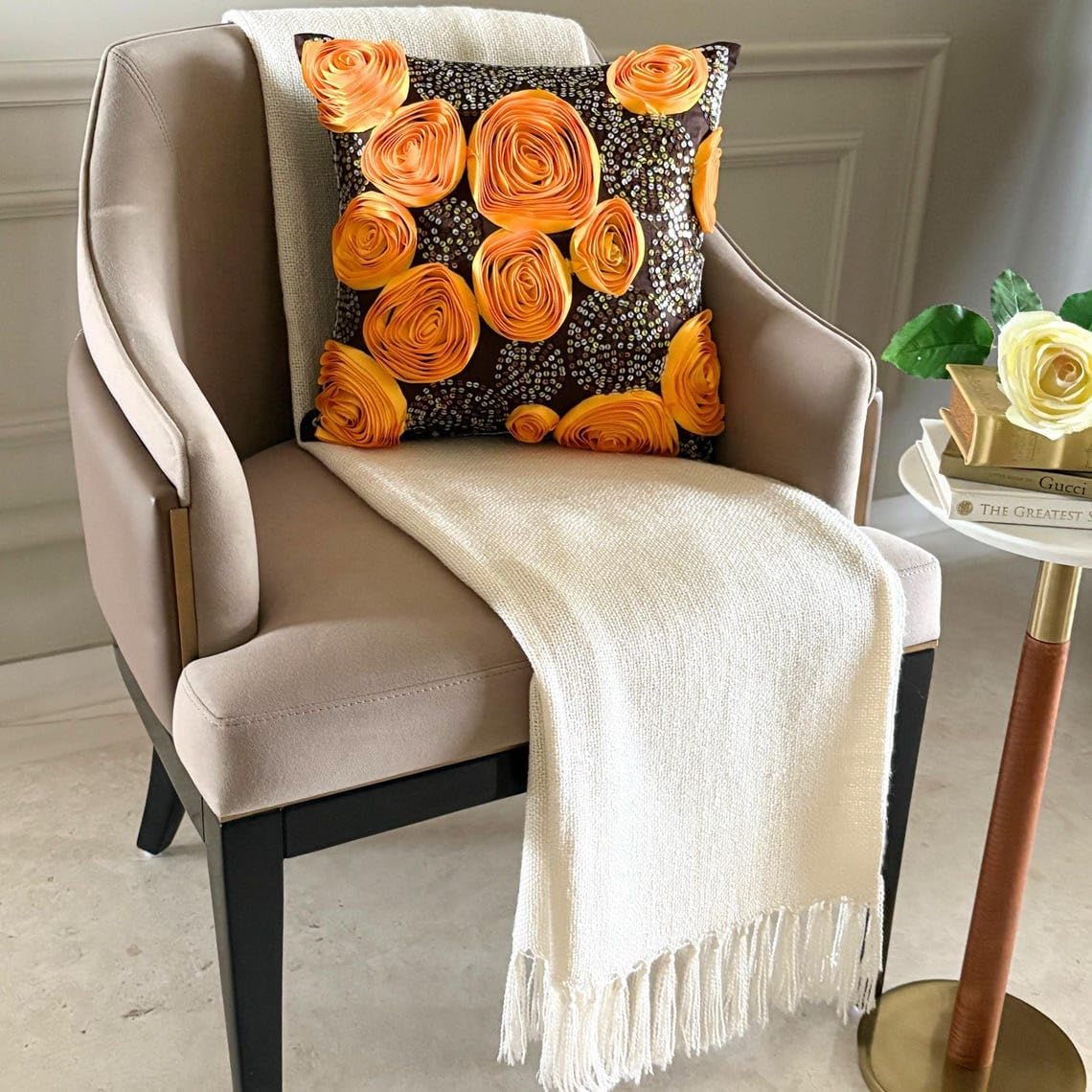 The HomeCentric Cushion Cover, Decorative Brown Designer Accent Pillow Covers 16x16 inch (40x40 cm) Silk Throw Pillows for Couch, Nature & Floral, Roses, Ribbon Embroidery - Chocolate Marigolds