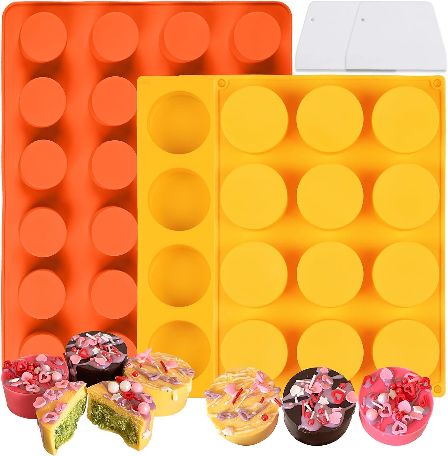 Cake Puck Mold Set,24-Cavity Chocolate Covered Cake Silicone Molds, 2 Different Sizes Round CakePop Molds with 2 Spatulas for DIY Cake Cores, Cakepucks, Chocolate Desserts