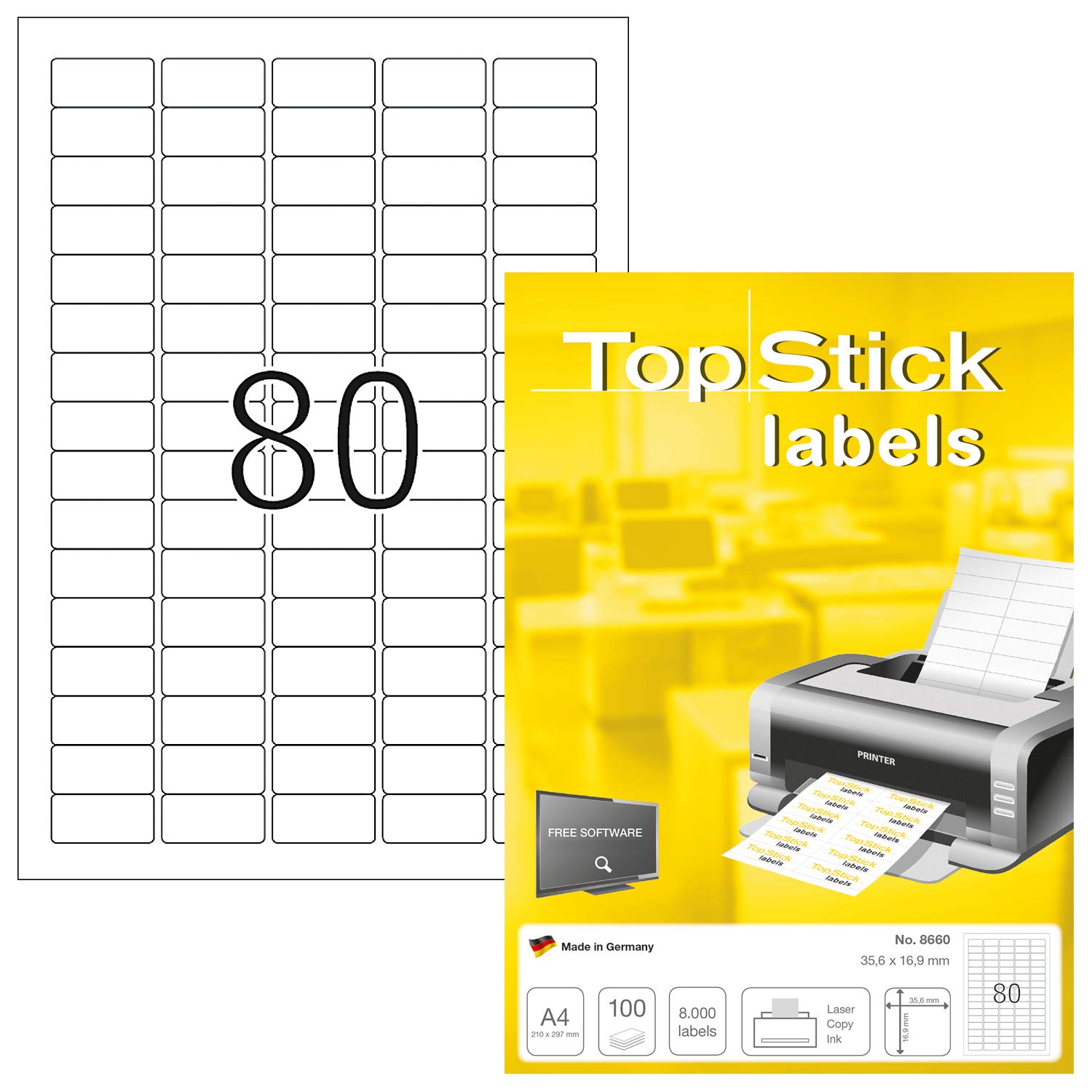 TopStick 8660 Multi-Purpose Labels, 80 Labels Per A4 Sheet, 35.6 x 16.9 mm, 8000 Labels, Self Adhesive, Mini Stickers for Laser and Inkjet Printers, White