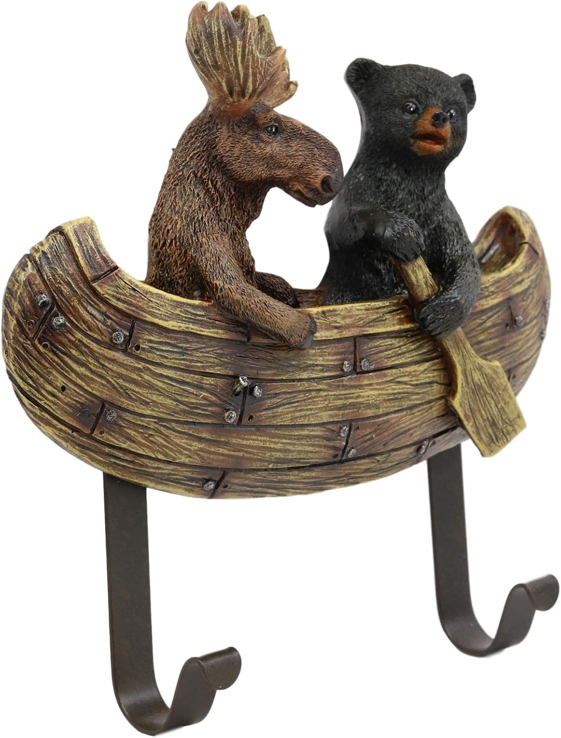 Ebros Whimsical Forest Creek Buddies Rustic Black Bear and Elk Moose Rowing Boat Canoe 2 Pegs Wall Hooks 7" Wide Hanger Bears Deers Elks Wall Mount Coat Hat Keys Hook Decor Hanging Sculpture Plaque - Image 5