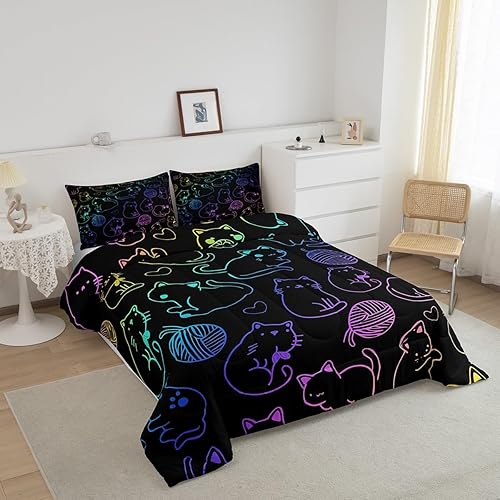 Miniatura 3 de Juego de ropa de cama con diseño de dibujos animados y diseño de gato Kawaii para niños y niñas, juego de cama de líneas de neón coloridas, edredón