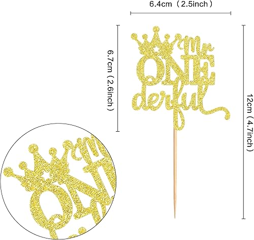 Miniatura 2 de Ercadio Paquete de 24 coronas de Mr Onederful para cupcakes, corona dorada con purpurina, una corona de príncipe para el primer cumpleaños,