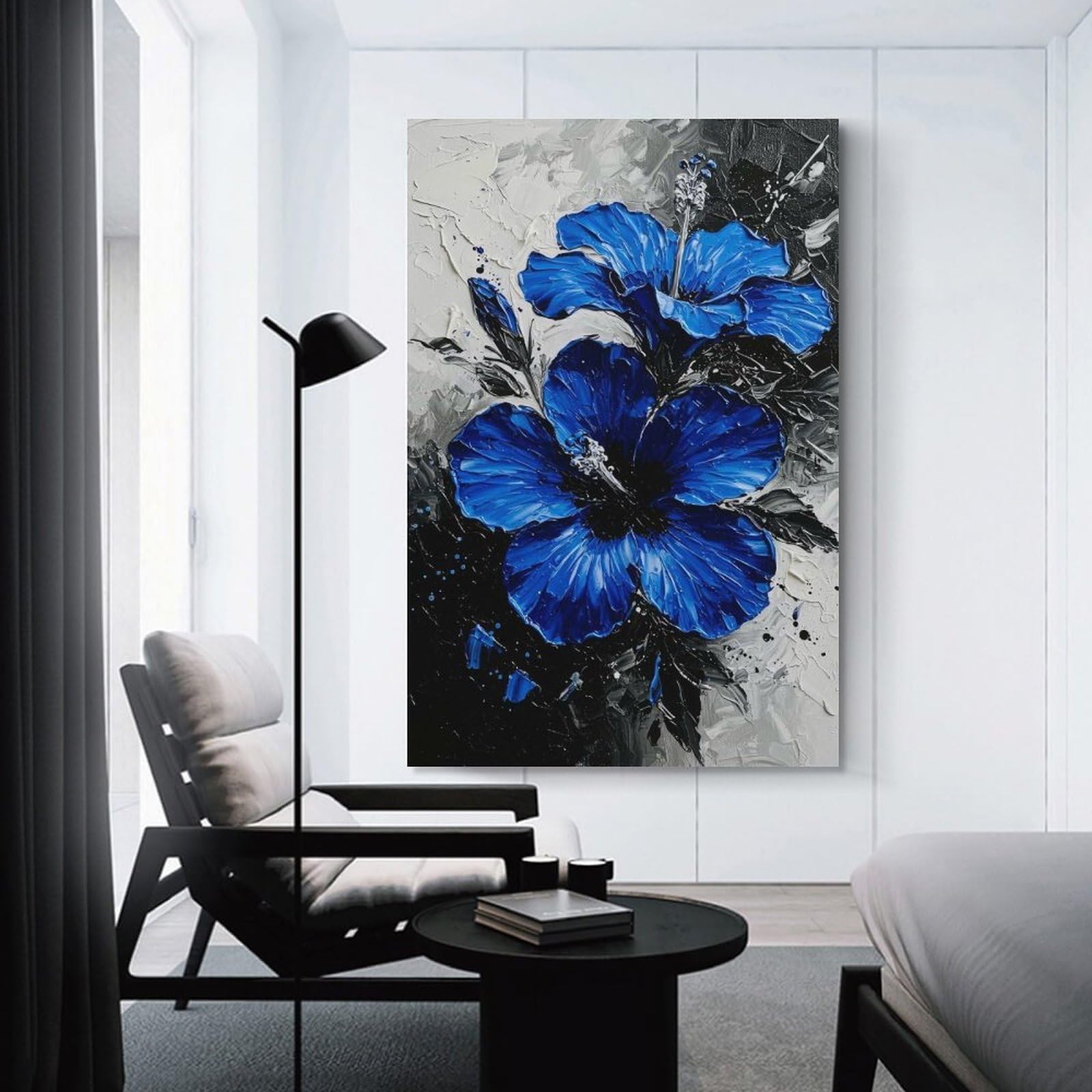 Junmoney Unframe-Style-21 Hanging Wall Art Blue Hibiscus Flowers Painting, 24X36inch(60X90cm), For Entryway, Lounge Links Or Small Walls, A Neat Decor Update For Hallways