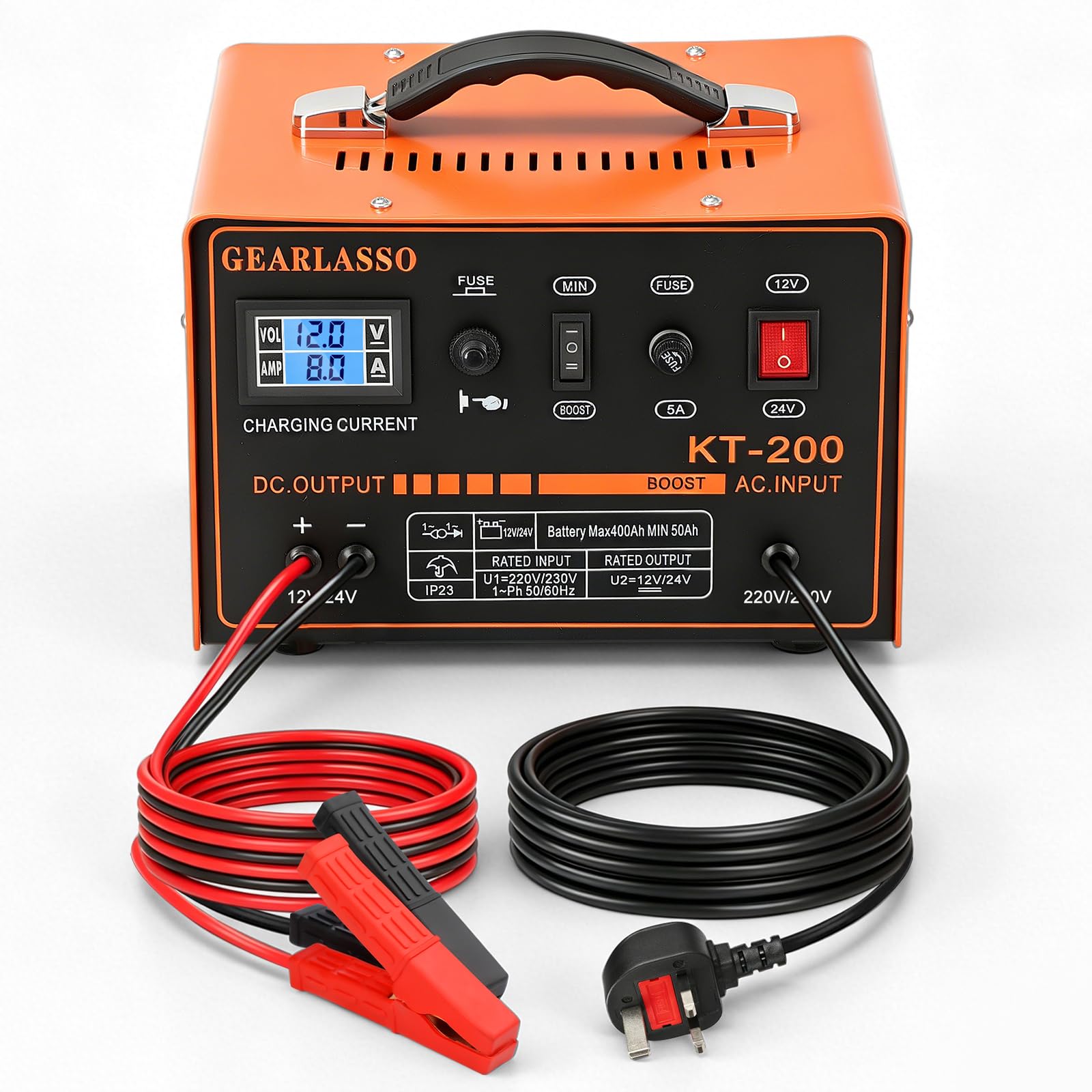 Cargador de batería de coche 12 V/24 V 0-15 A con pantalla LED, protección múltiple y apagado automático, para coche, furgoneta, motocicleta, barco, AGM, gel y baterías de plomo-ácido