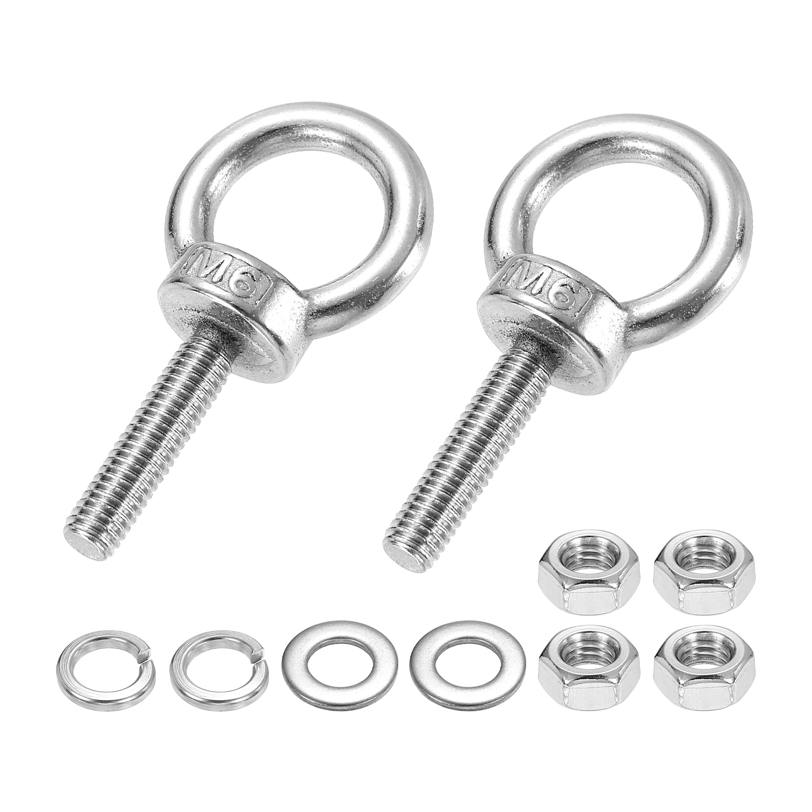 PATIKIL M6 x 25mm Eye Bolt, 2Pcs 304 Stainless Steel Thread Lifting Ring Set Shoulder Eyebolt with Lock Nuts Flat Washers for Hanging Hammocks Articles, Silver