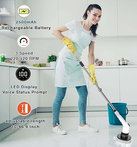 Miniatura 3 de Cepillo de limpieza eléctrico giratorio recargable, de mano para limpieza, con 9 cabezales de cepillo reemplazables, para azulejos de baño, piso,