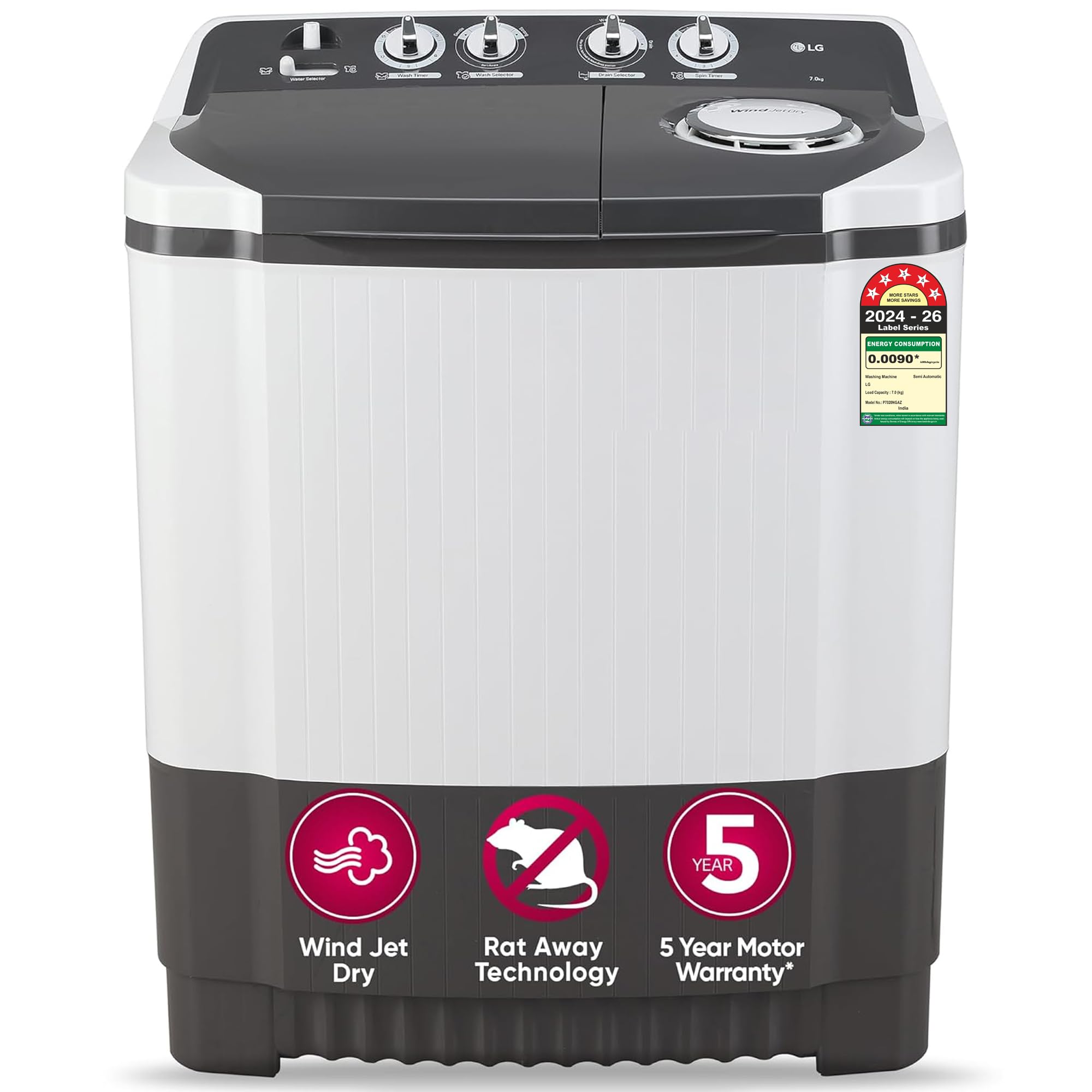 price history - LG 7 Kg 5 Star Wind Jet Dry Semi-Automatic Top Loading Washing Machine (P7020NGAZ, Dark Gray, Rat Away Feature)