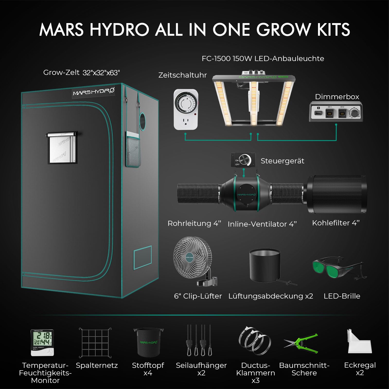 Mars Hydro FC1500 Smart Growtent, juego completo, aplicación Samsung, control remoto, lámpara LED regulable, 80 x 80 x 160 cm, 1680D de alta reflexión, Mylar Grow Box, juego completo, aplicación de 4