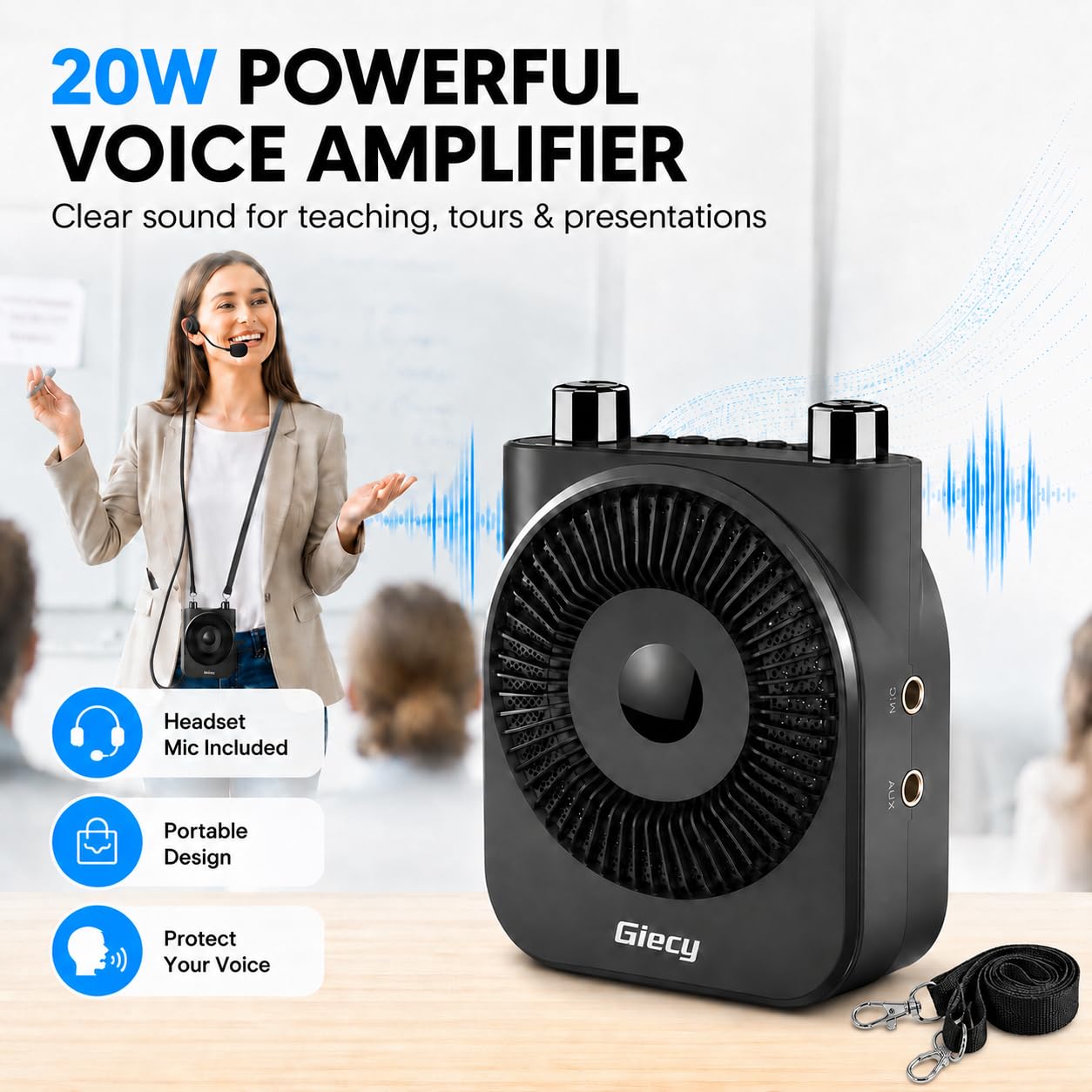 Amplificateur de Voix Portable avec Microphone, Batterie Rechargeable 2800mAh,système de sonorisation pour Enseignants, Guides touristiques, entraîneurs, instructeurs de Yoga