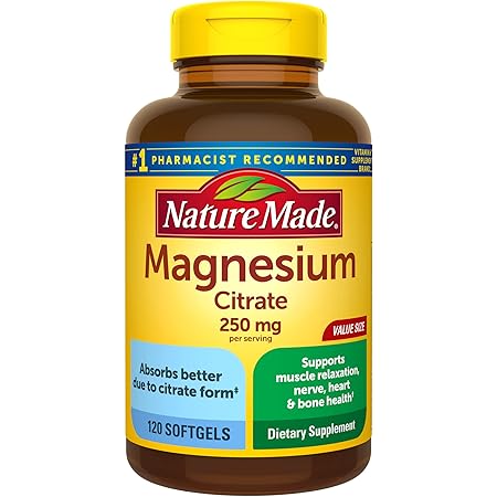 Nature Made Magnesium Citrate 250 mg per serving, Dietary Supplement for Muscle, Nerve, Bone and Heart Support, 120 Softgels, 60 Day Supply