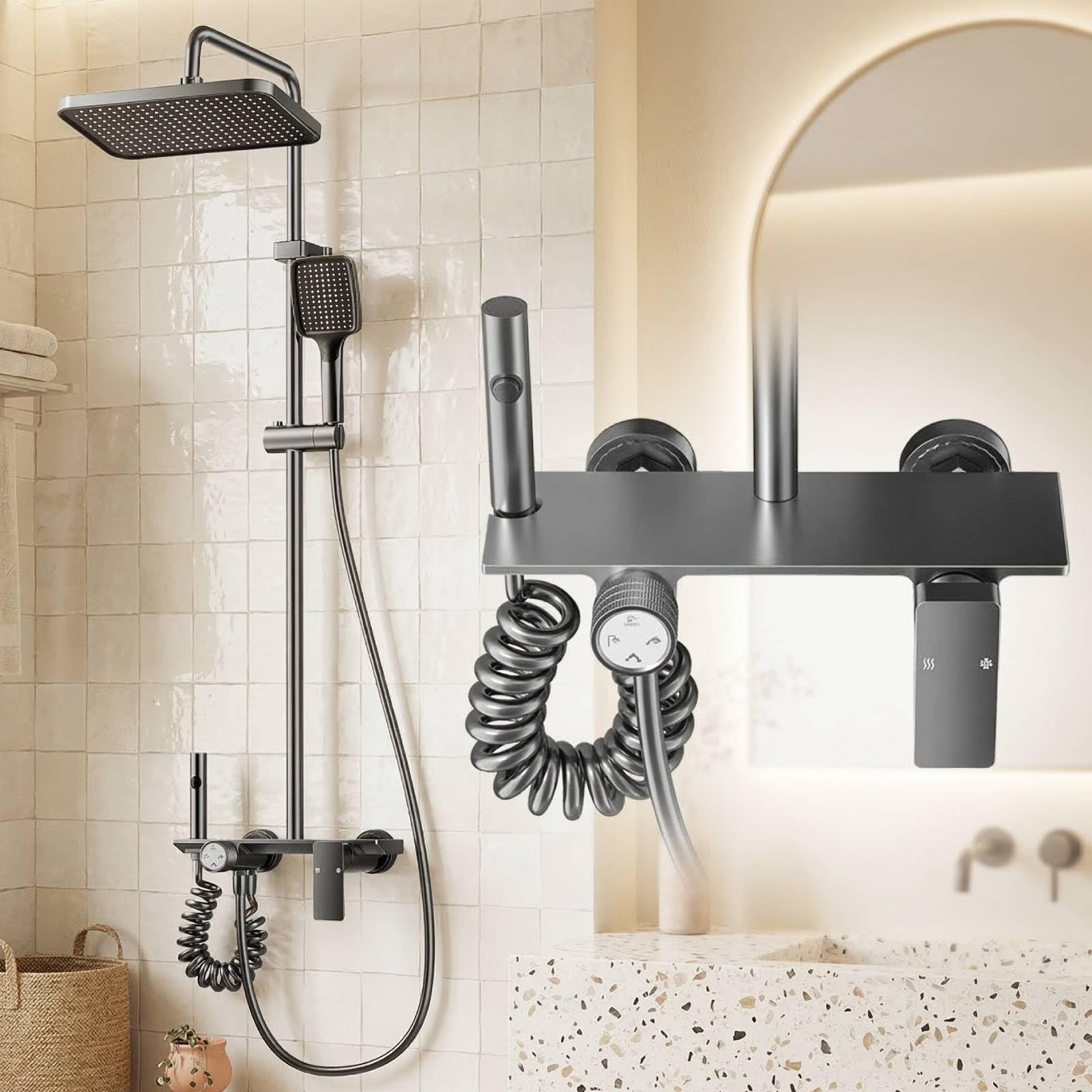 4 Modos Columna de Ducha con Grifo, Material de Aluminio de Aviación Sistema Ducha Lluvia Ducha Altura 65-105cm, ABS Rociador superior/Ducha de mano para Baño