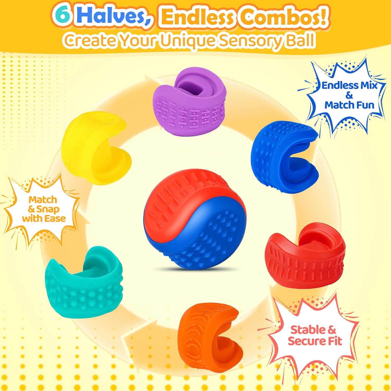 Interchangeable Sensory Fidget Balls, 3 Pack 6 Textured Halves for Mix & Match Tactile Fun, Silent Silicone Stress & Anxiety Relief Toy for Autism, ADHD, Kids Adults, Ideal for Office, Classrom Prizes