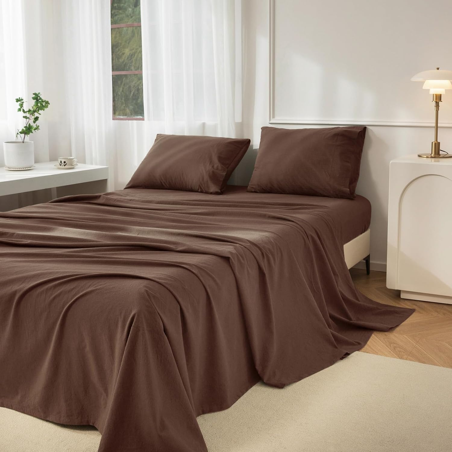 JIYUAN 100% Washed Cotton Sheet Set 4 Pieces Full,1 Fitted Sheet,1 Flat Sheet and 2 Pillowcases,Comfy and Breathable Linen Like Bedding Set,Chocolate Brown - Image 4