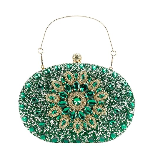 Bolsa Clutch Festa Feminina Verde Full Diamond Alça Haste Metálica Mão Ombro Transversal Com Correntes Removíveis