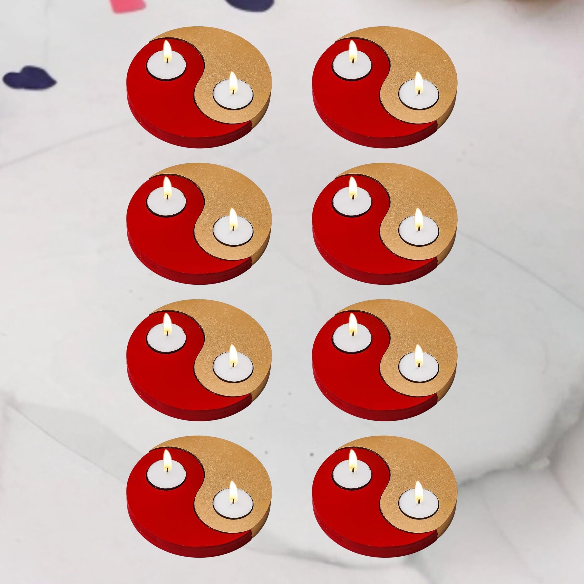 - eCraftIndia Yin Yang Shape Wooden Tea Light Candle Holders (Red Golden, Set of 8) | Tea Light Holders for Home Decoration| T Light Candle Holders| Valentine's Day Decoration Items| Valentine Day Gifts