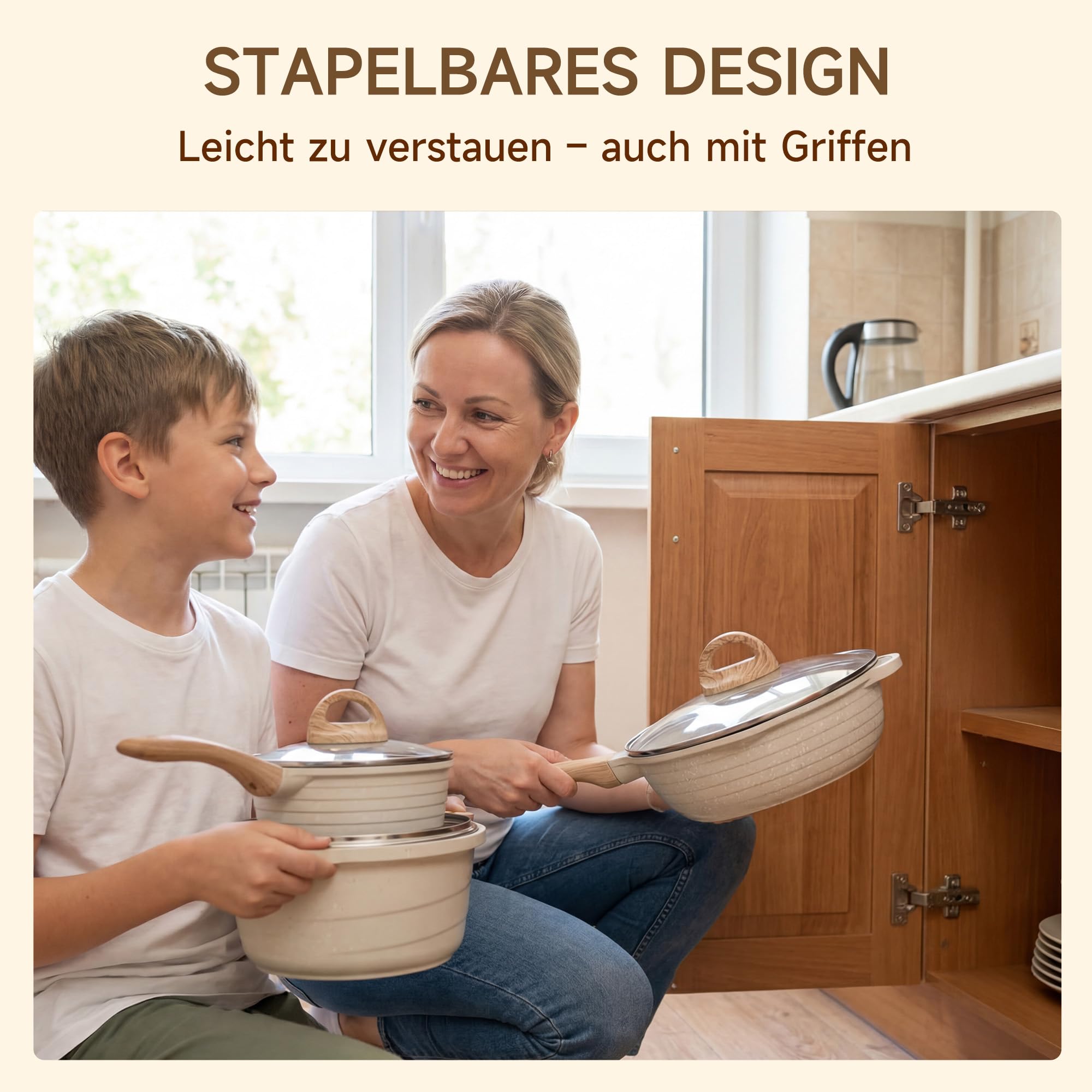 JEETEE Topf- und Pfannenset 23-teilig Beige, Antihaft Topfset für Induktion, mit Glasdeckeln, Kochtopf, Bratpfannen, Schmorpfanne, Crêpe-Pfanne und Grillpfanne